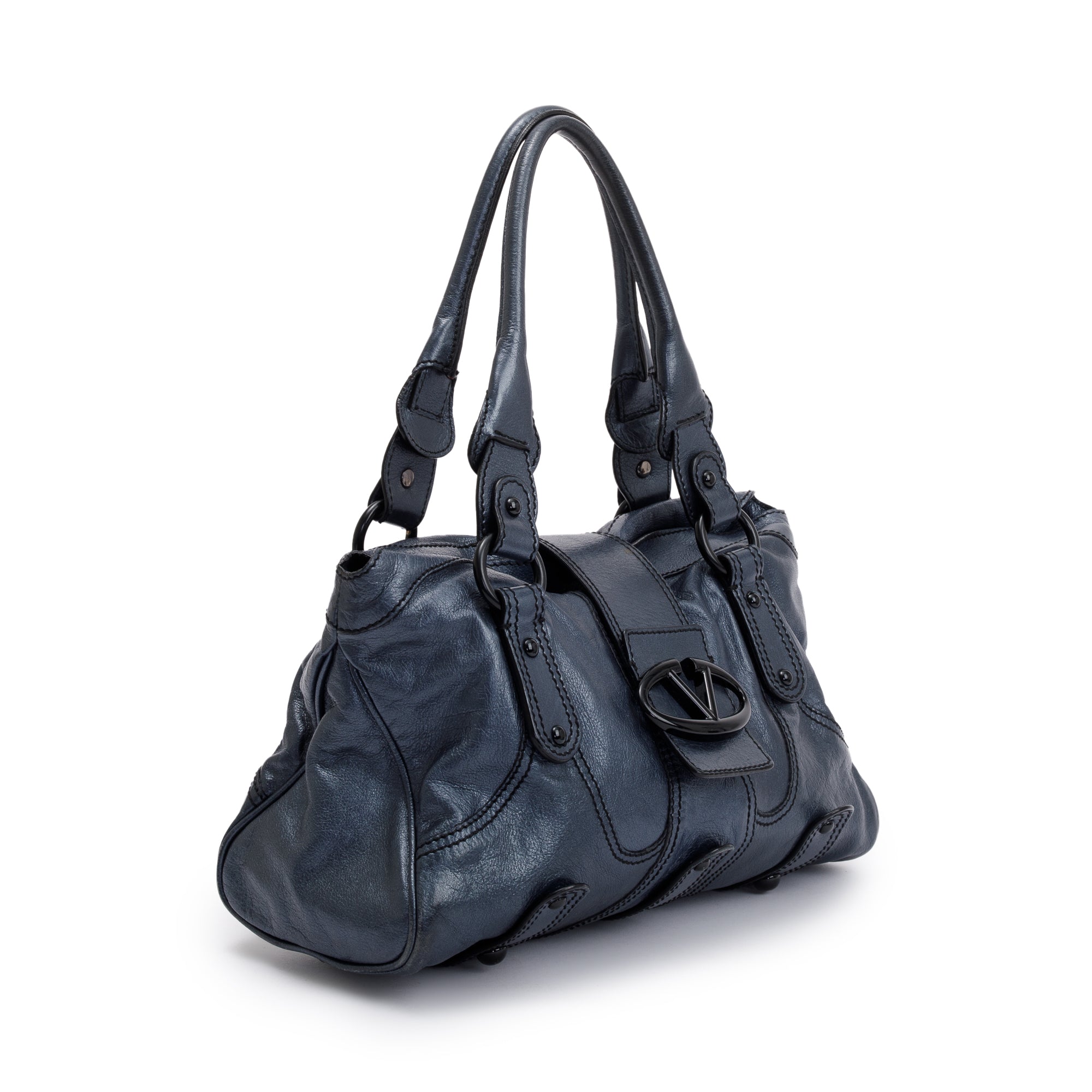 Valentino Blue Metallic Leather V-Logo Leather Shoulder Bag
