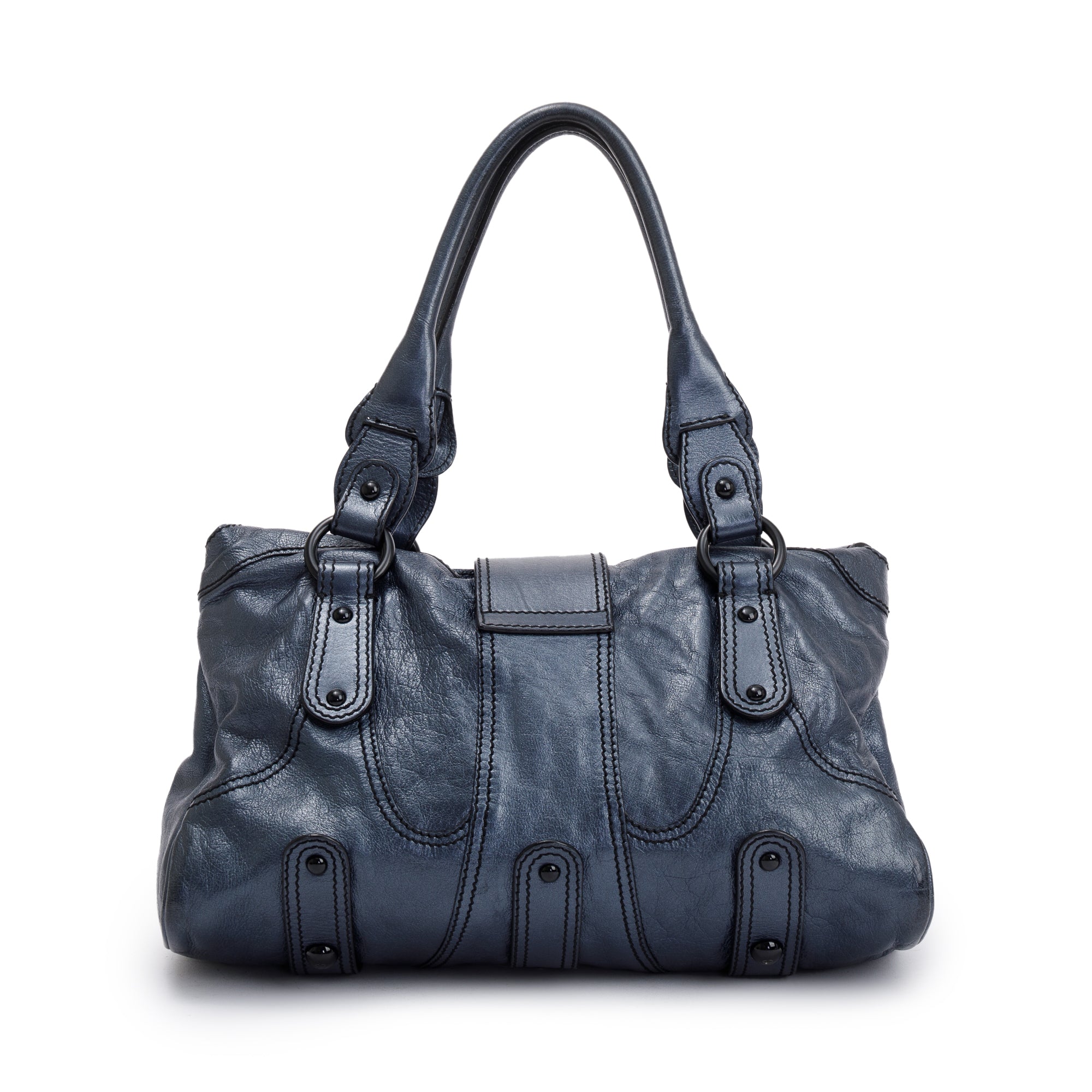 Valentino Blue Metallic Leather V-Logo Leather Shoulder Bag