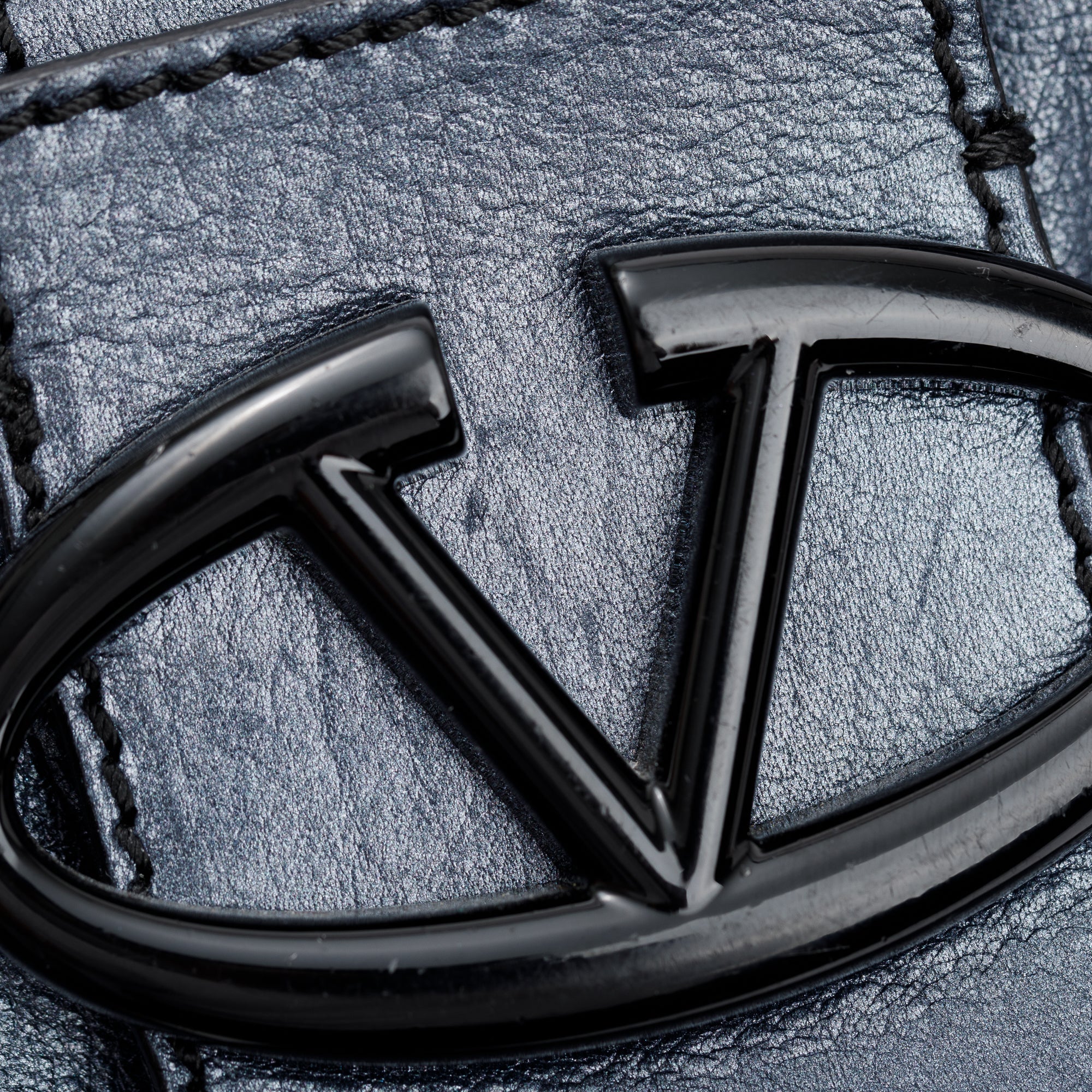 Valentino Blue Metallic Leather V-Logo Leather Shoulder Bag