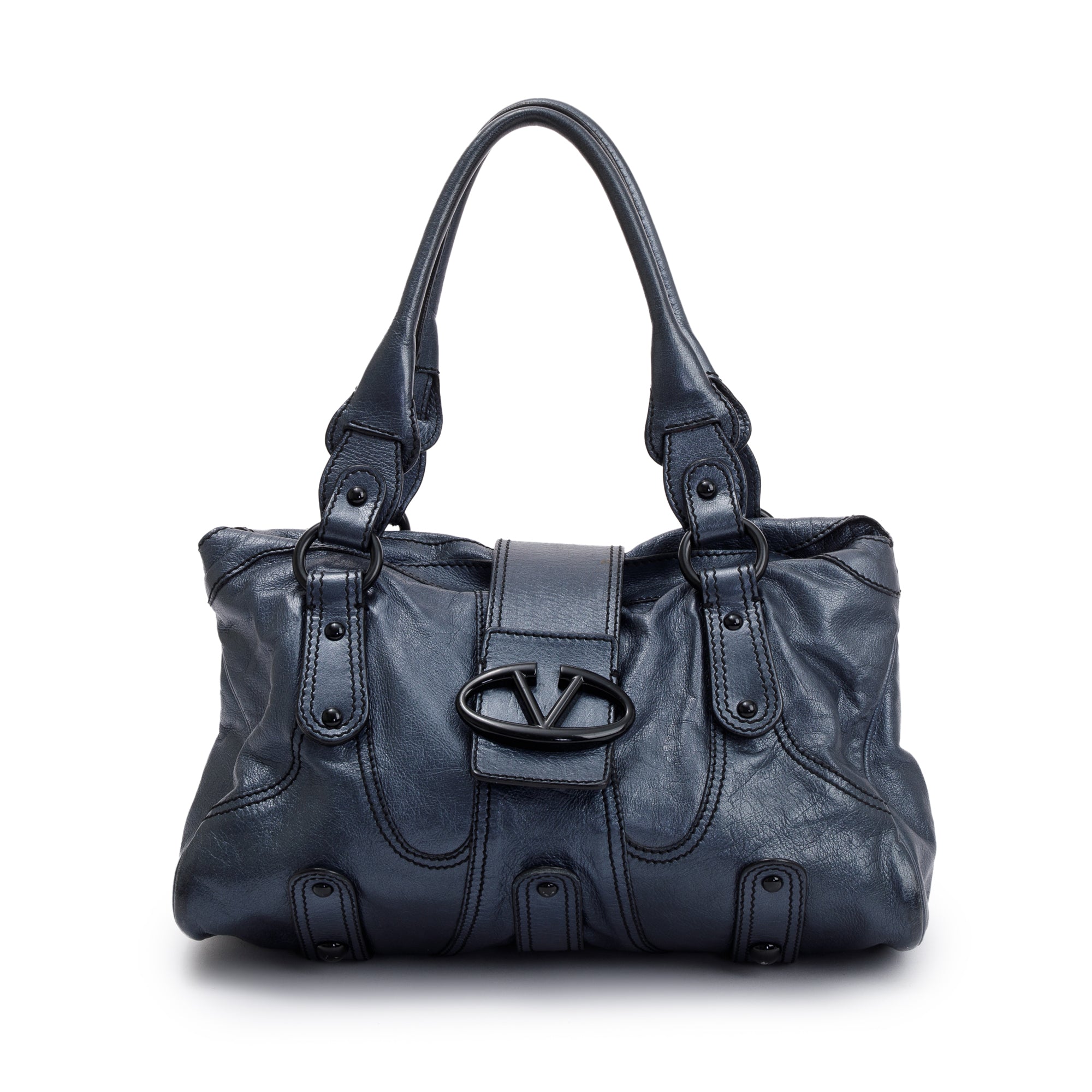 Valentino Blue Metallic Leather V-Logo Leather Shoulder Bag
