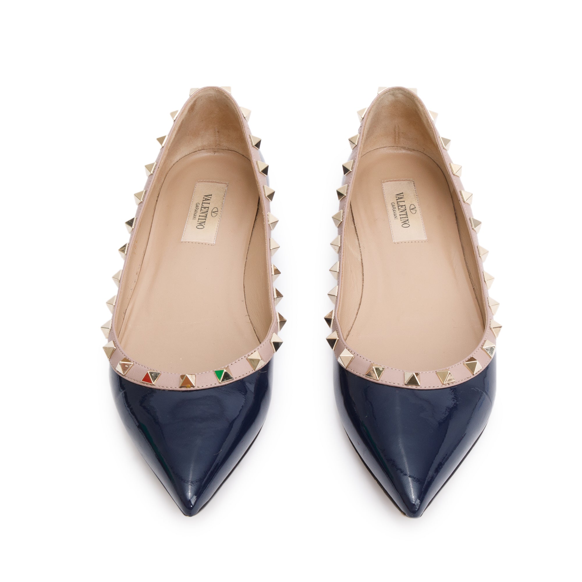 Valentino Blue Patent Leather Rockstud Ballet Flat Shoes, Size 38 w/ Box