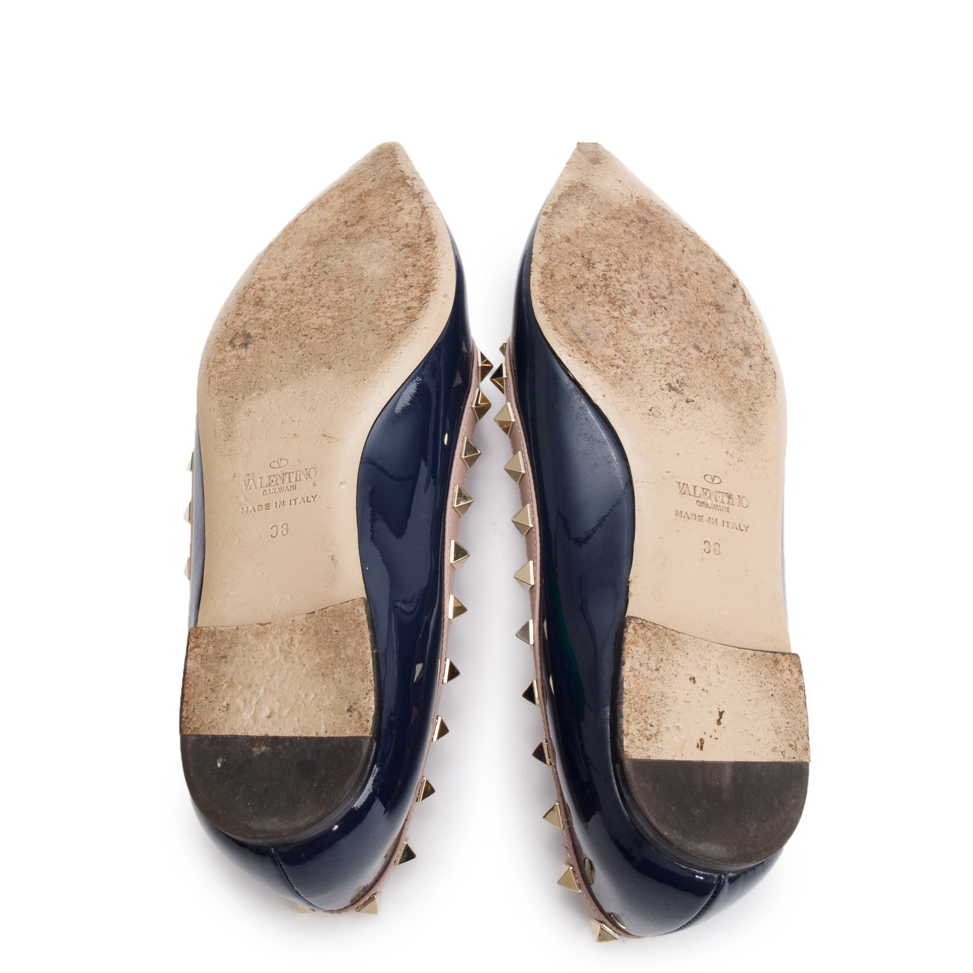 Valentino Blue Patent Leather Rockstud Ballet Flat Shoes, Size 38 w/ Box