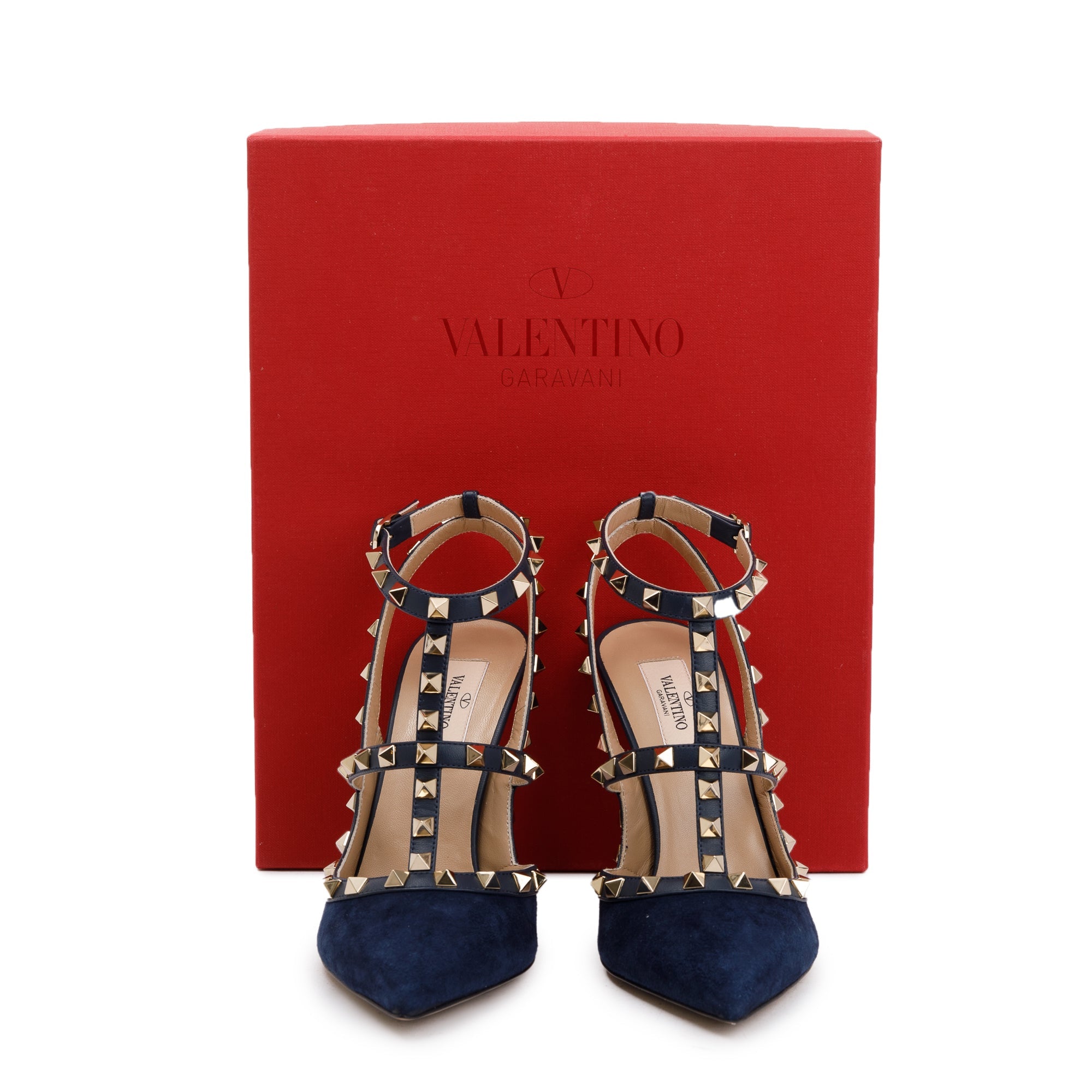 Valentino Blue Suede Rockstud Ankle Strap Pump, Size 38.5 w/ Box