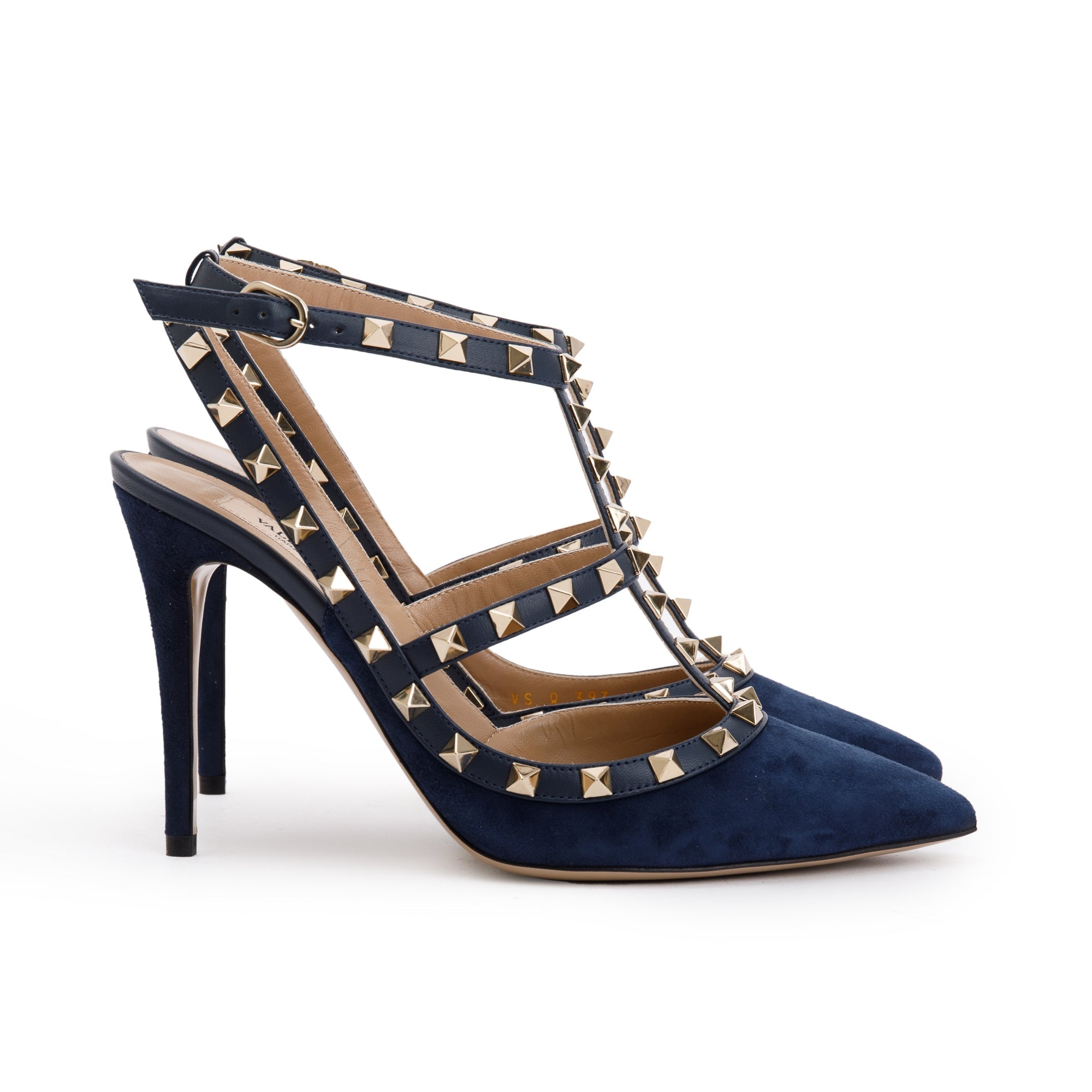 Valentino Blue Suede Rockstud Ankle Strap Pump, Size 38.5 w/ Box