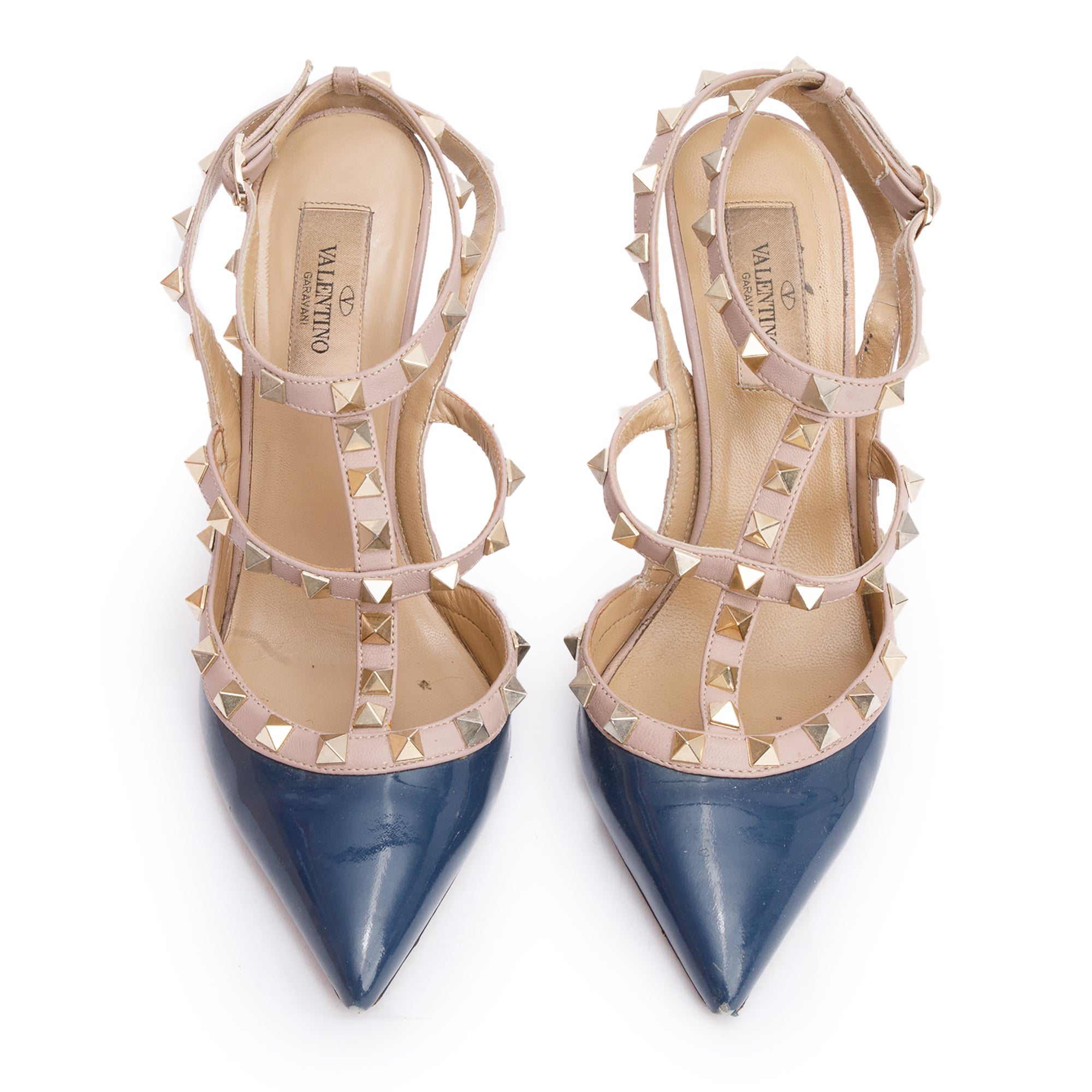 Valentino Blue/Beige Leather Rockstud Ankle Strap Pumps, Size 37.5