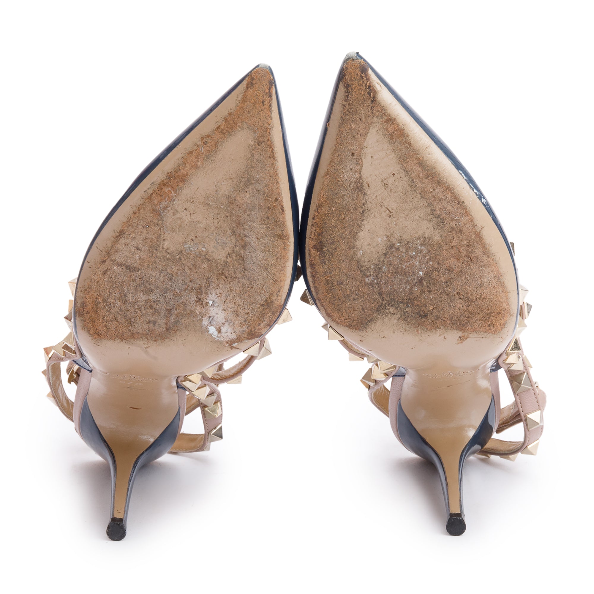 Valentino Blue/Beige Leather Rockstud Ankle Strap Pumps, Size 37.5