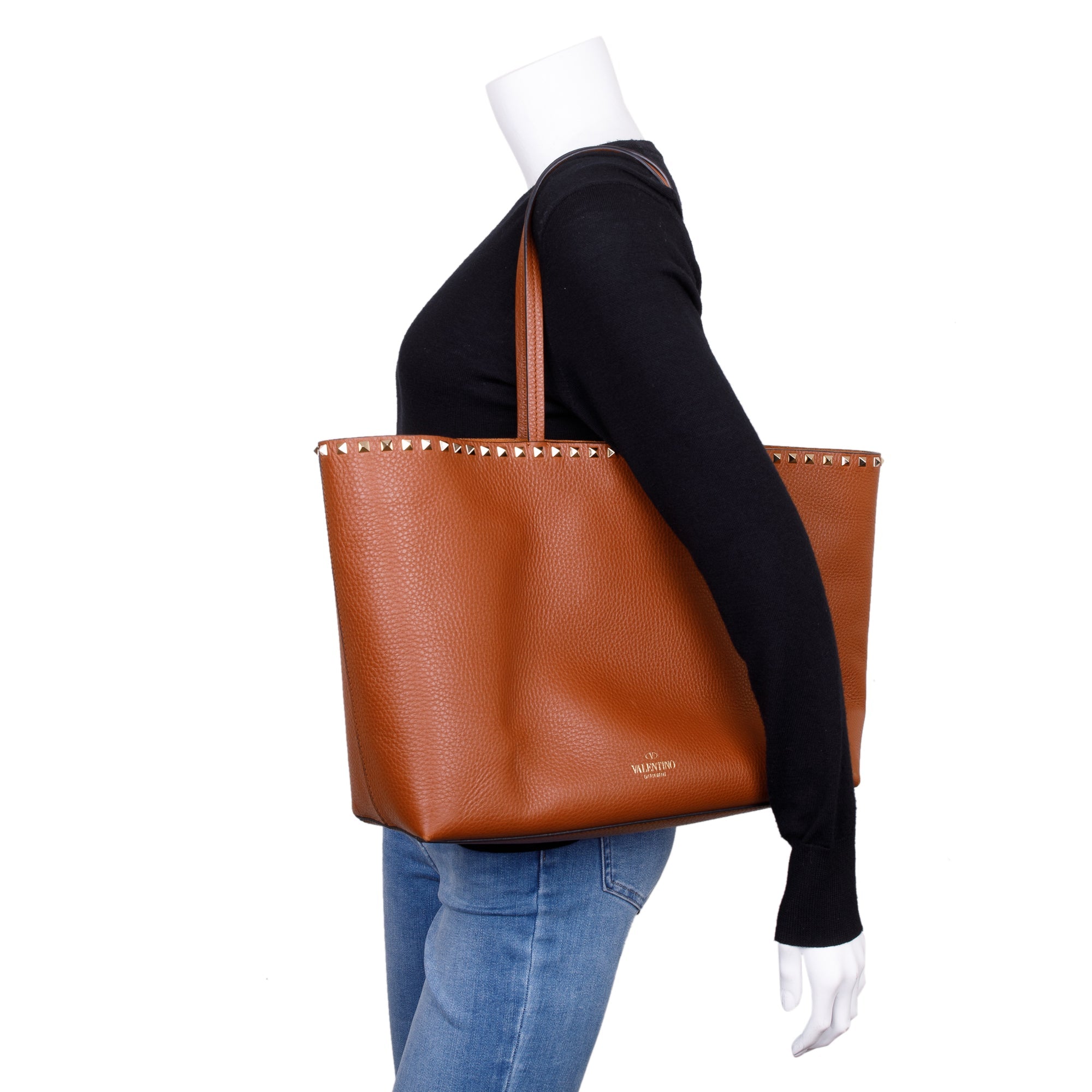 Valentino Brown Grained Calfskin Large Rockstud Tote w/ Box & Receipt