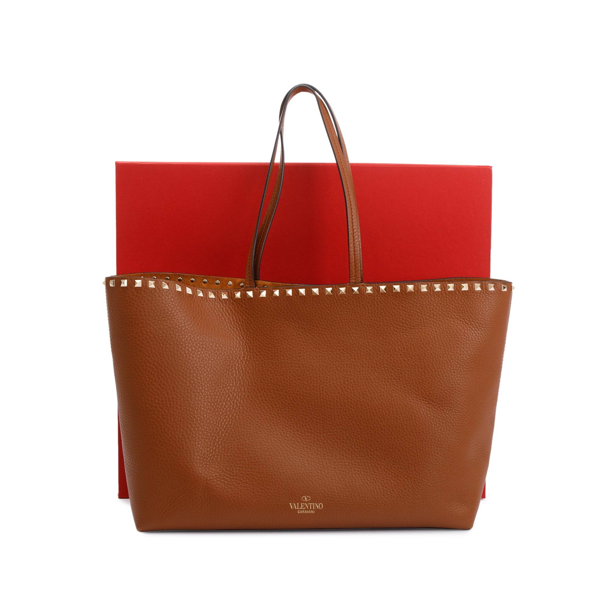 Valentino Brown Grained Calfskin Large Rockstud Tote w/ Box & Receipt