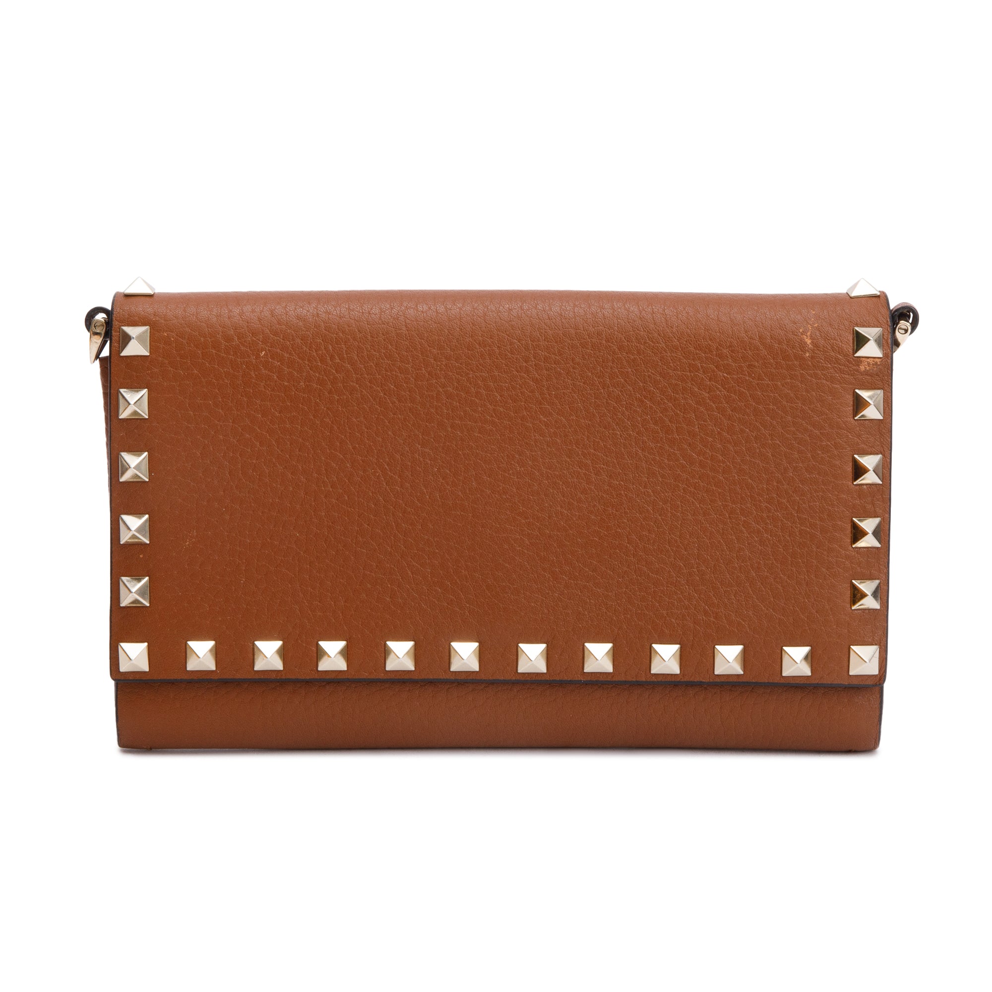 Valentino Brown Grained Leather Rockstud Wallet On Chain