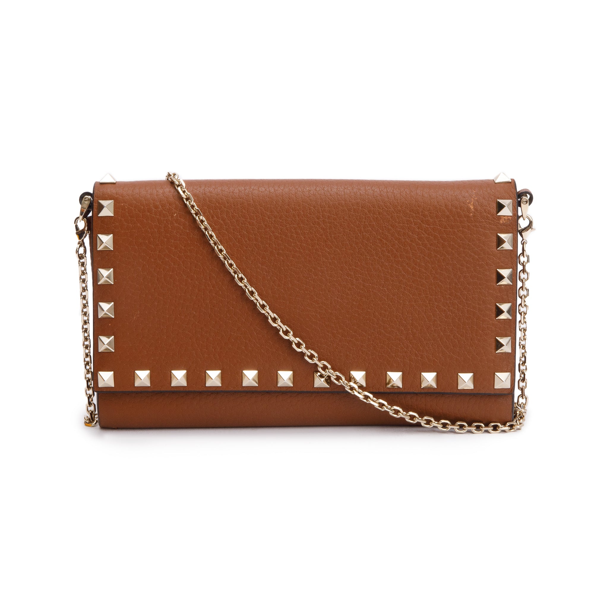 Valentino Brown Grained Leather Rockstud Wallet On Chain