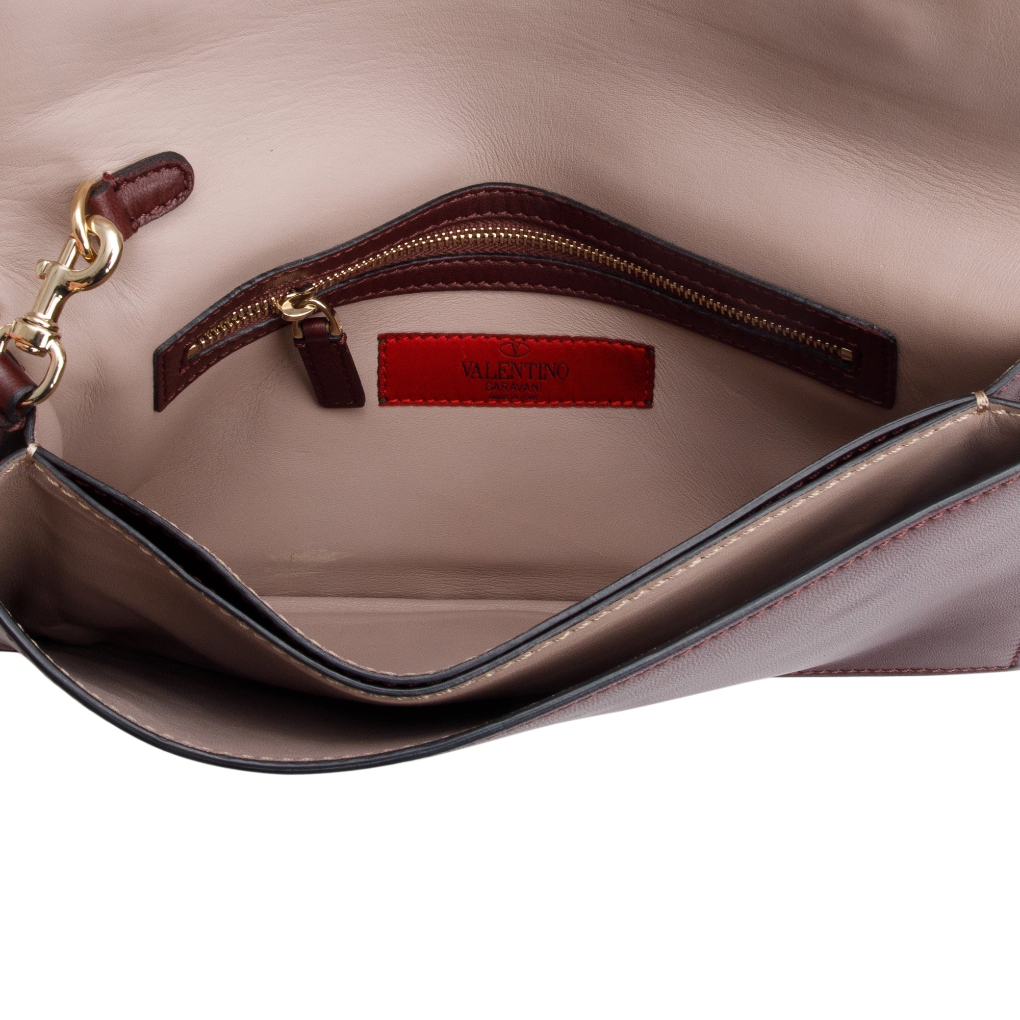 Valentino Burgundy Smooth Calfskin Leather Rockstud Wristlet Clutch w/ Wrist Strap