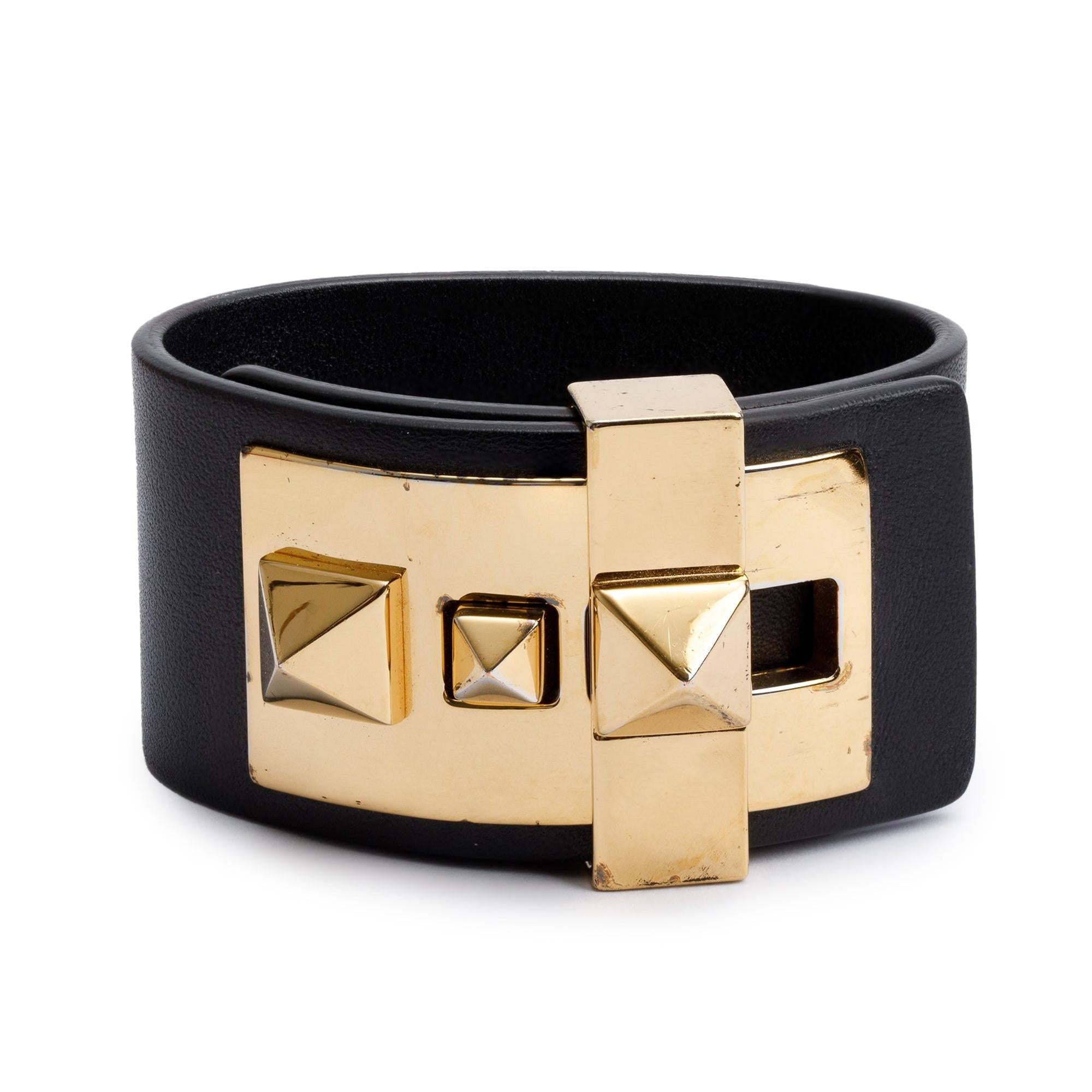 Valentino Gold-Plated Black Leather Rockstud Wide Wrap Bracelet, Size M w/ Box
