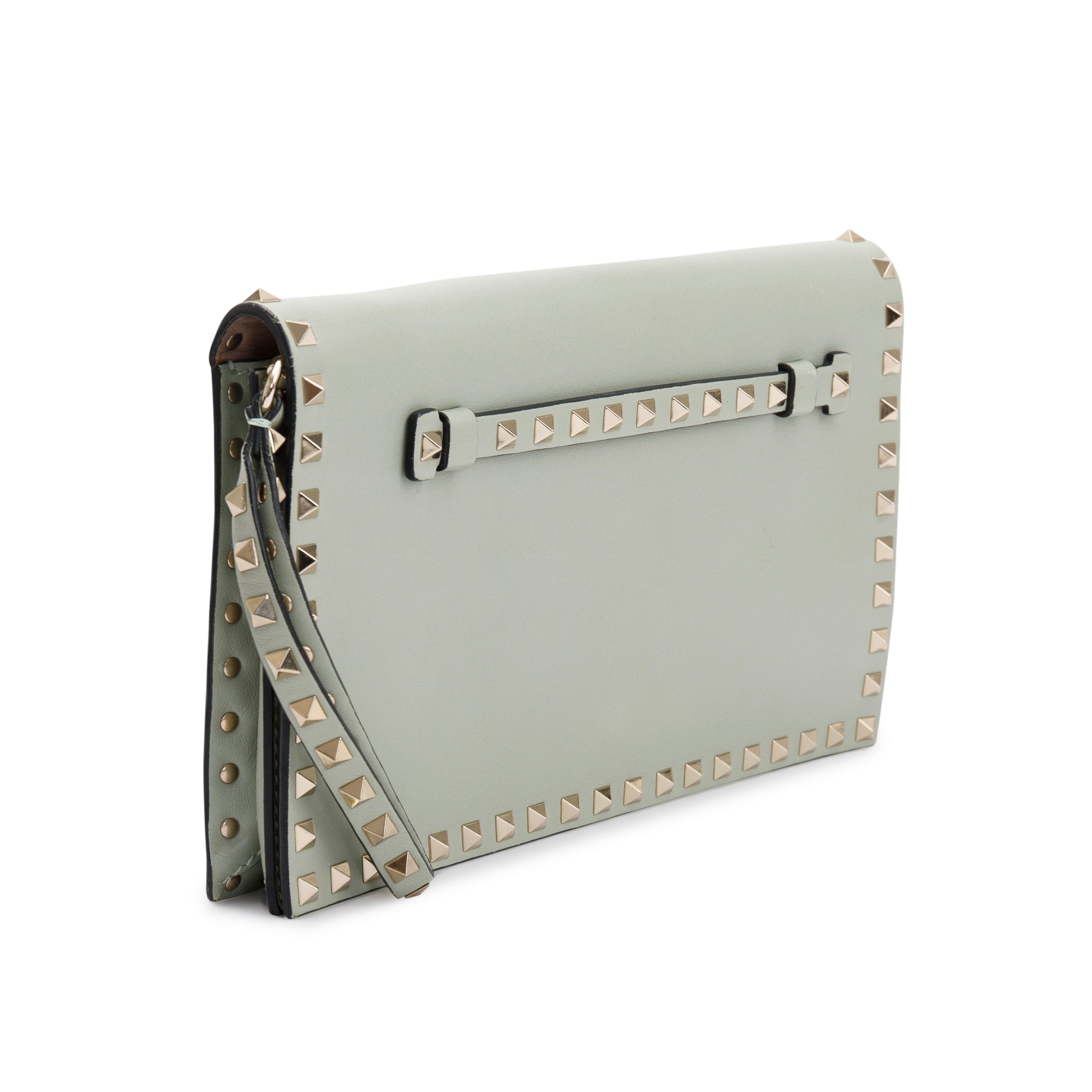 Valentino Green Calfskin Leather Rockstud Wristlet Clutch