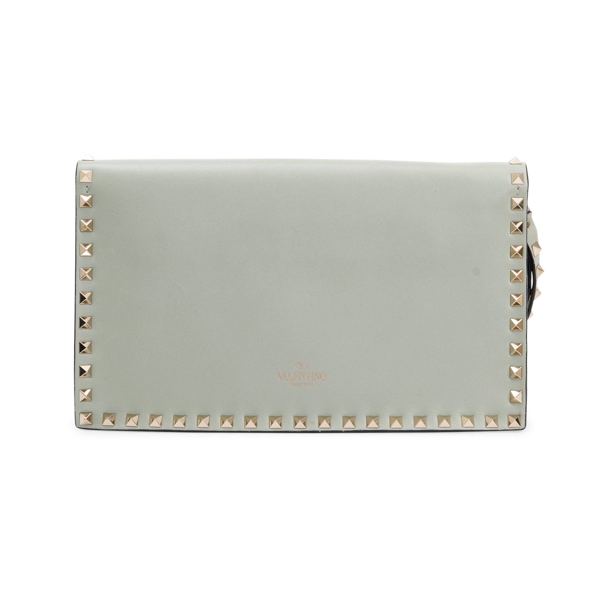 Valentino Green Calfskin Leather Rockstud Wristlet Clutch