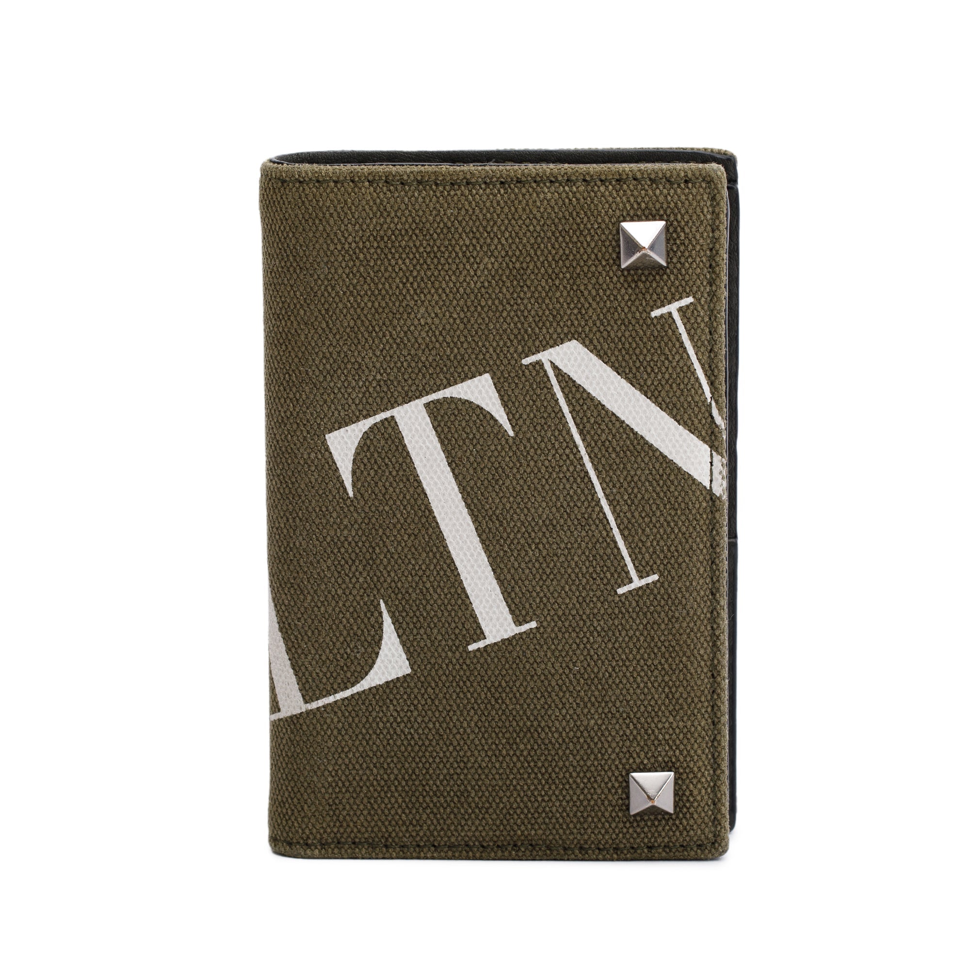 Valentino Green Canvas VLTN Rockstud Card Holder w/ Box