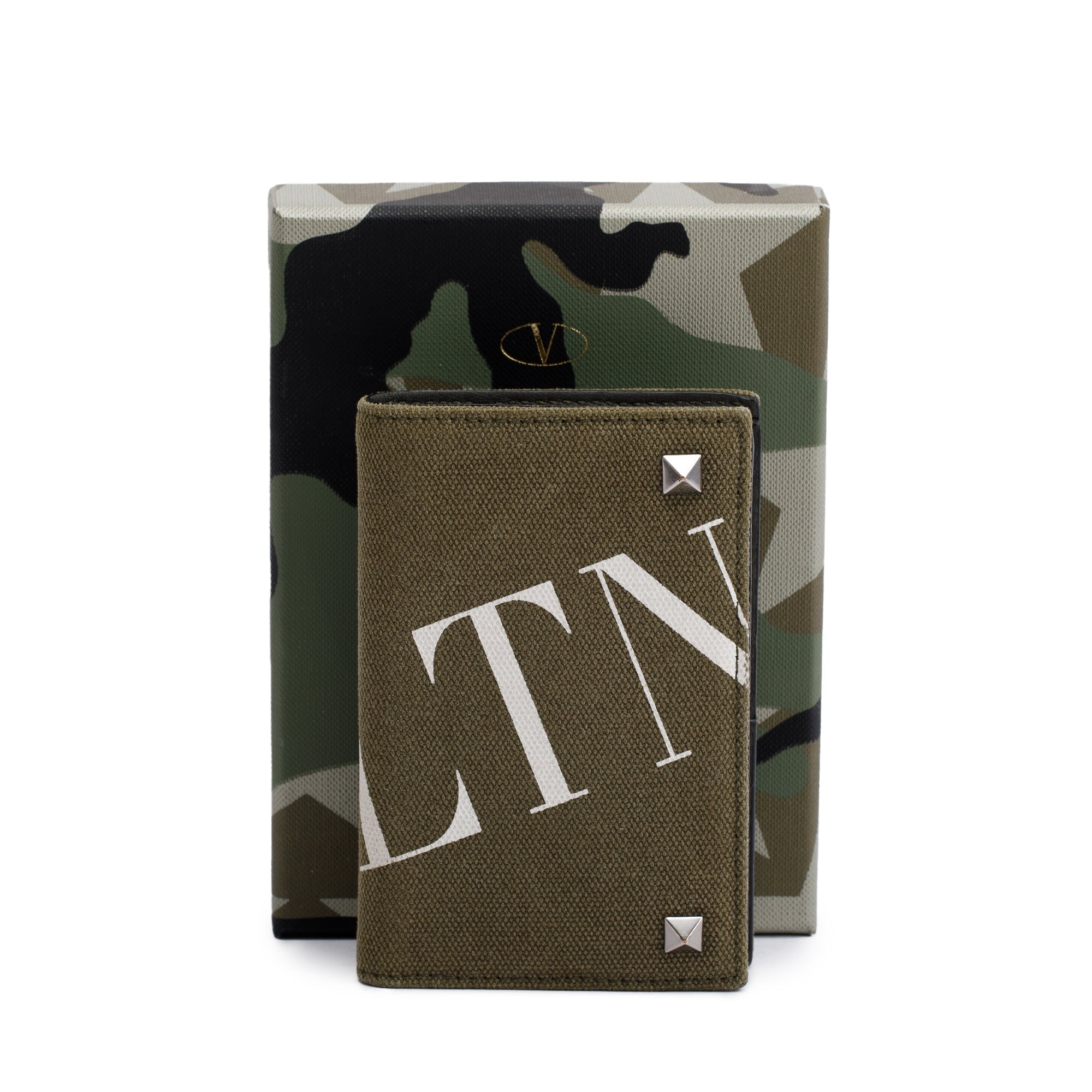 Valentino Green Canvas VLTN Rockstud Card Holder w/ Box