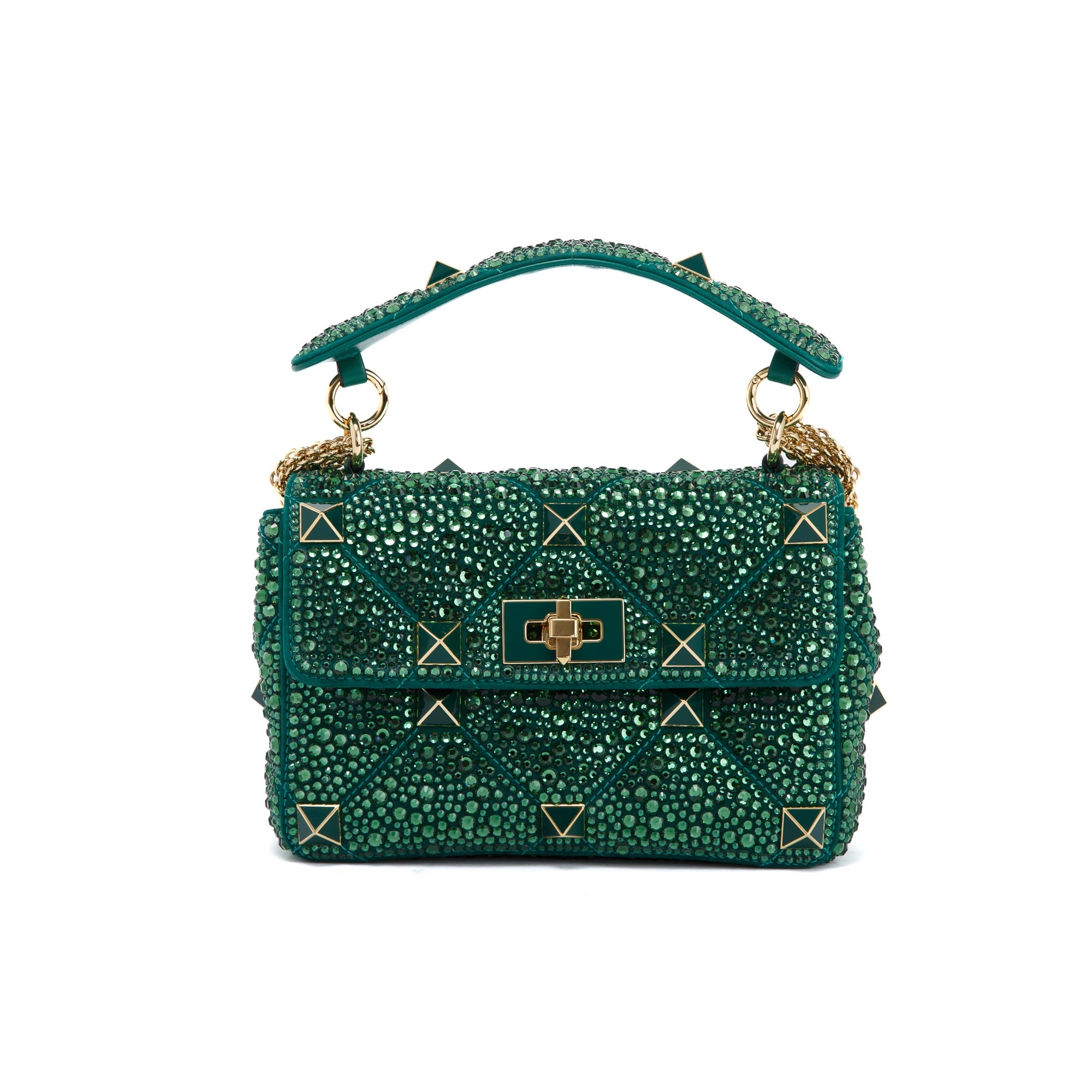 Valentino Green Medium Crystal Roman Stud Shoulder Bag