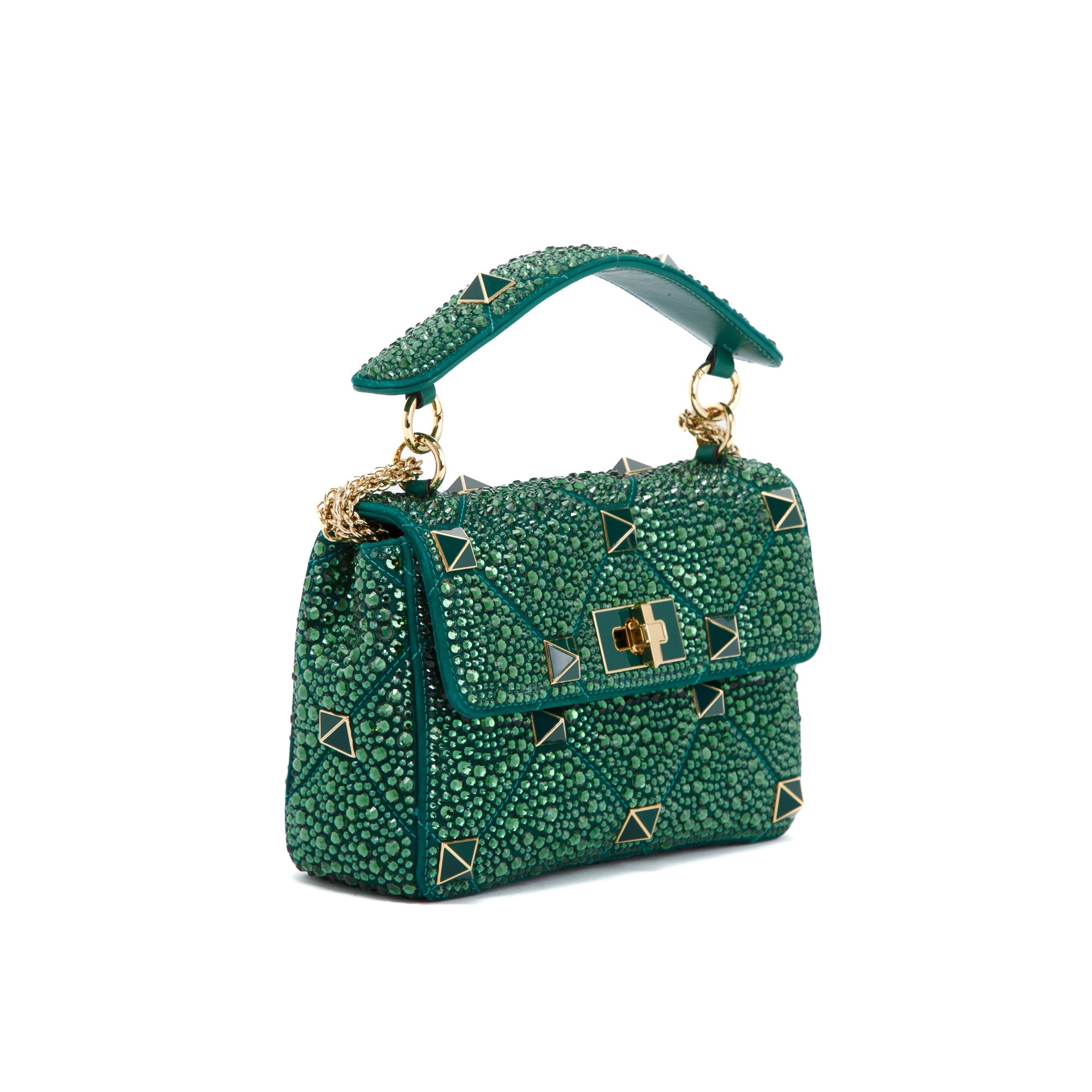 Valentino Green Medium Crystal Roman Stud Shoulder Bag