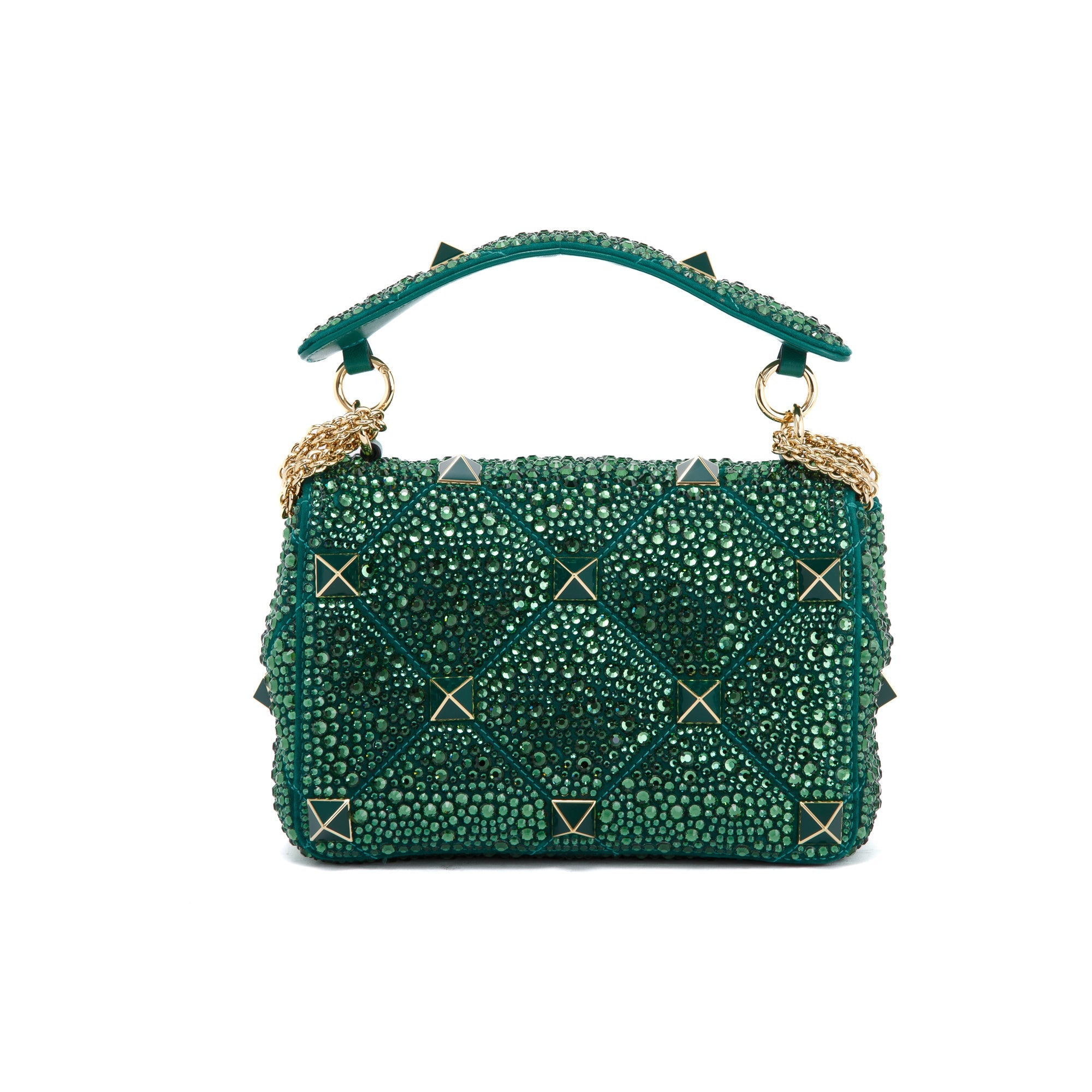 Valentino Green Medium Crystal Roman Stud Shoulder Bag