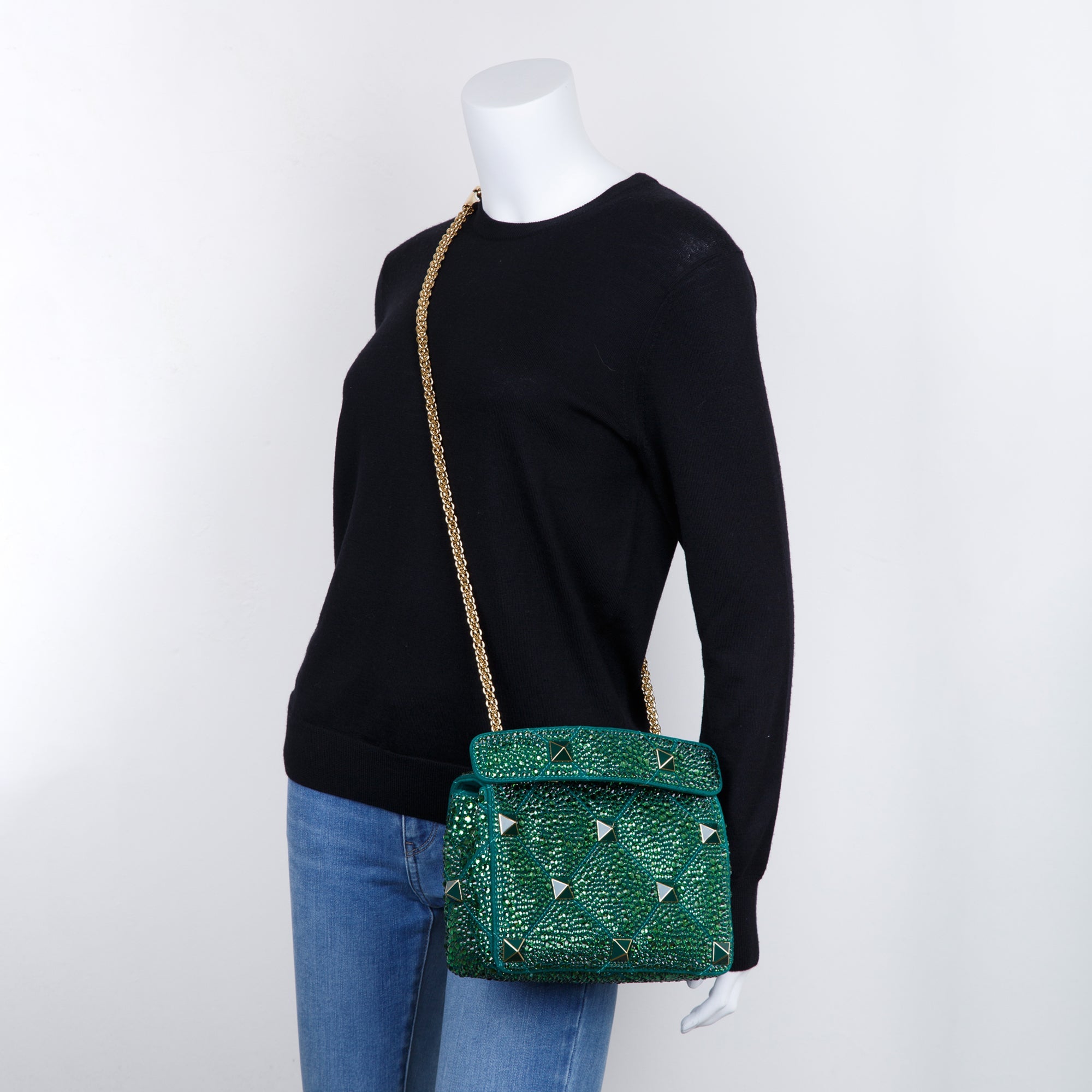 Valentino Green Medium Crystal Roman Stud Shoulder Bag