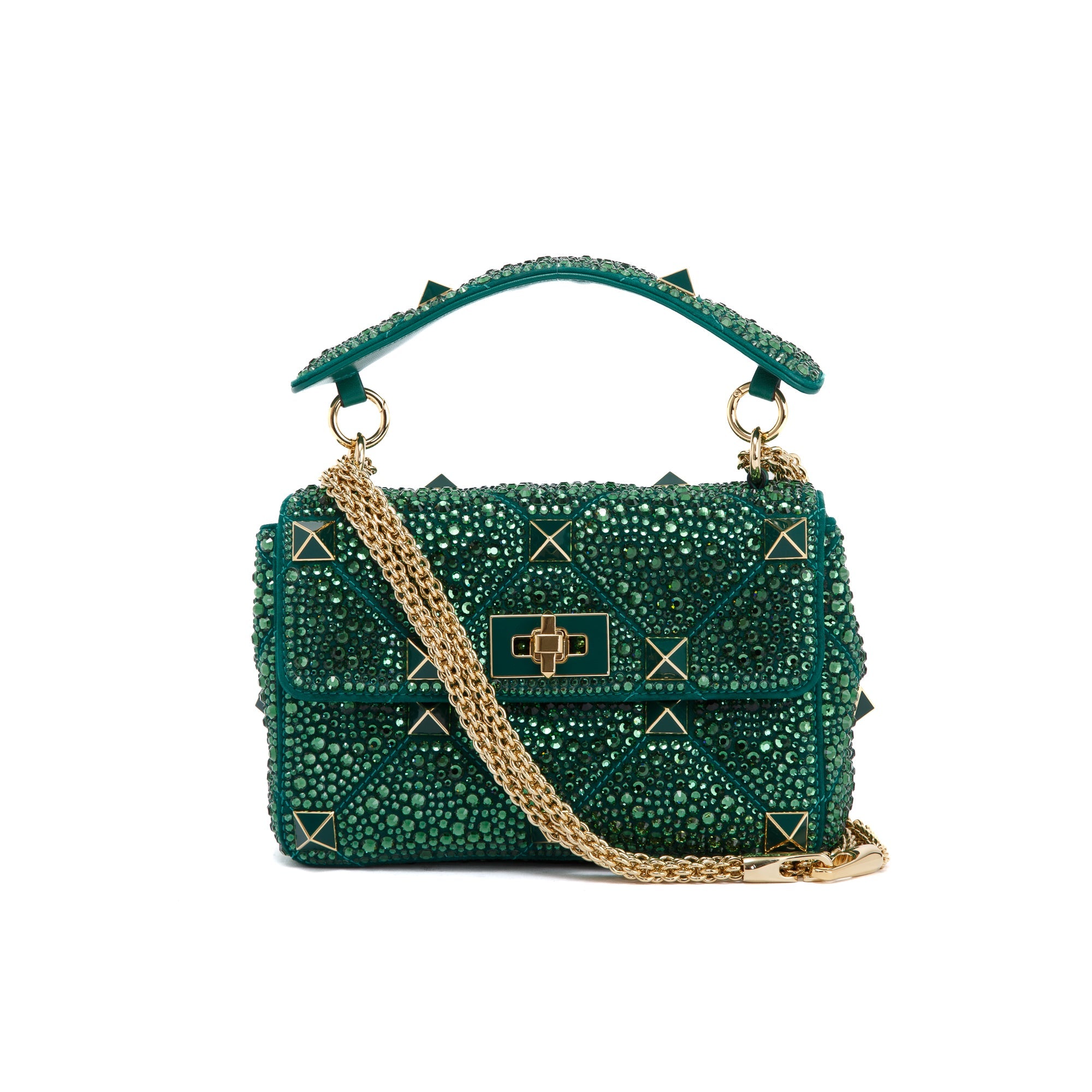 Valentino Green Medium Crystal Roman Stud Shoulder Bag