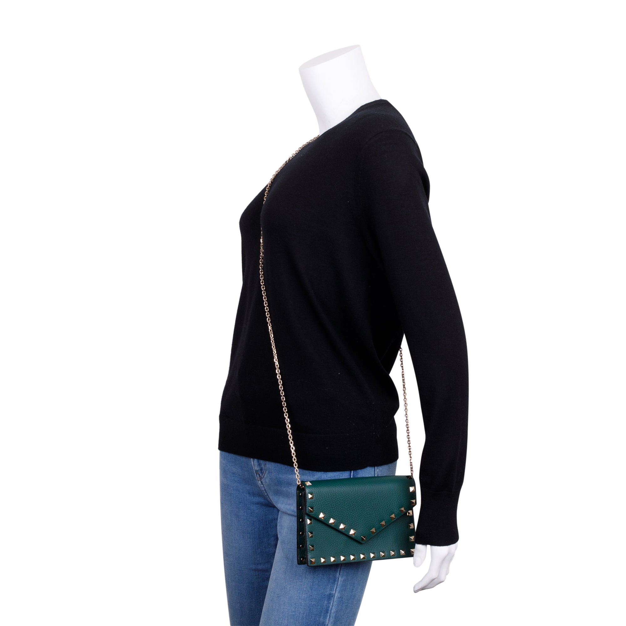 Valentino Green Pebbled Calfskin Rockstud Envelope Wallet on Chain w/ Box