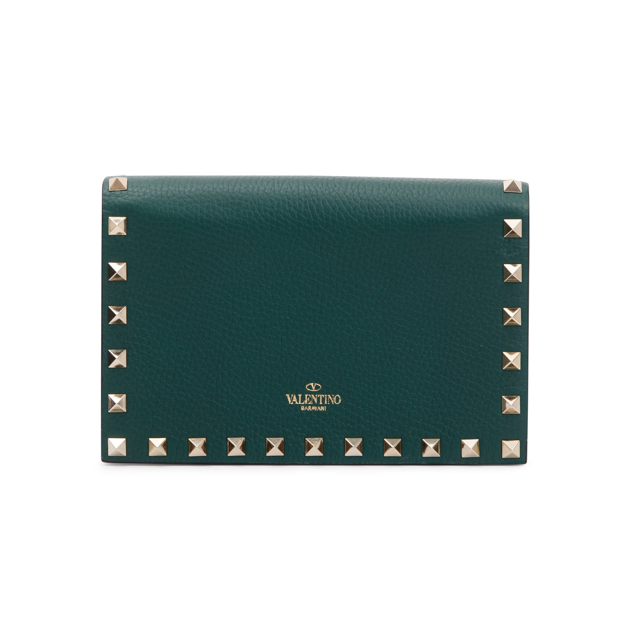 Valentino Green Pebbled Calfskin Rockstud Envelope Wallet on Chain w/ Box