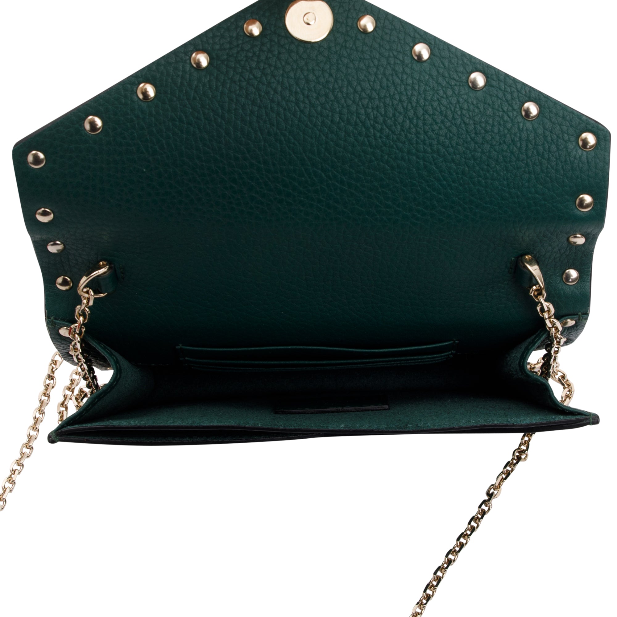 Valentino Green Pebbled Calfskin Rockstud Envelope Wallet on Chain w/ Box