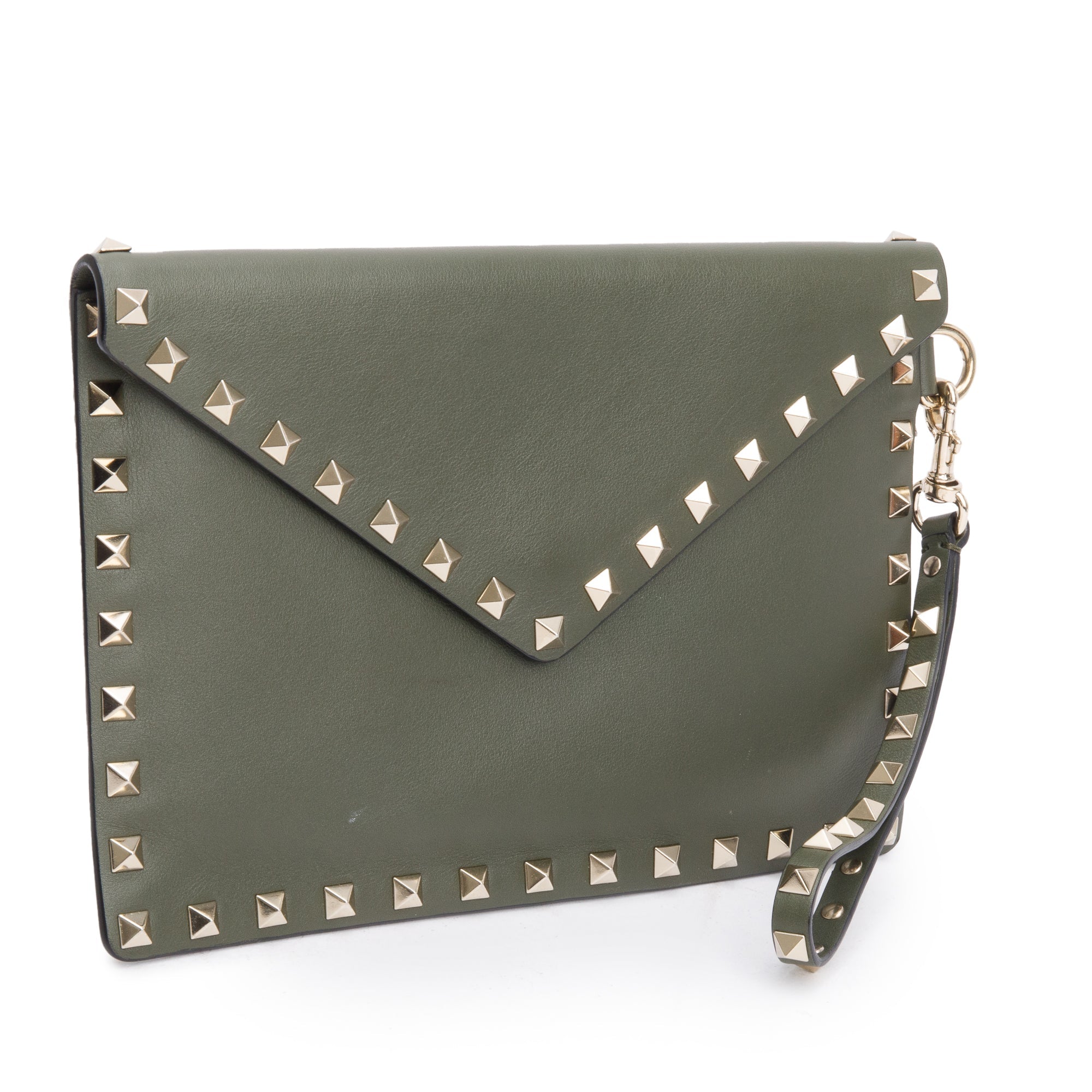 Valentino Green Smooth Calfskin Leather Rockstud Wristlet Clutch w/ Wrist Strap