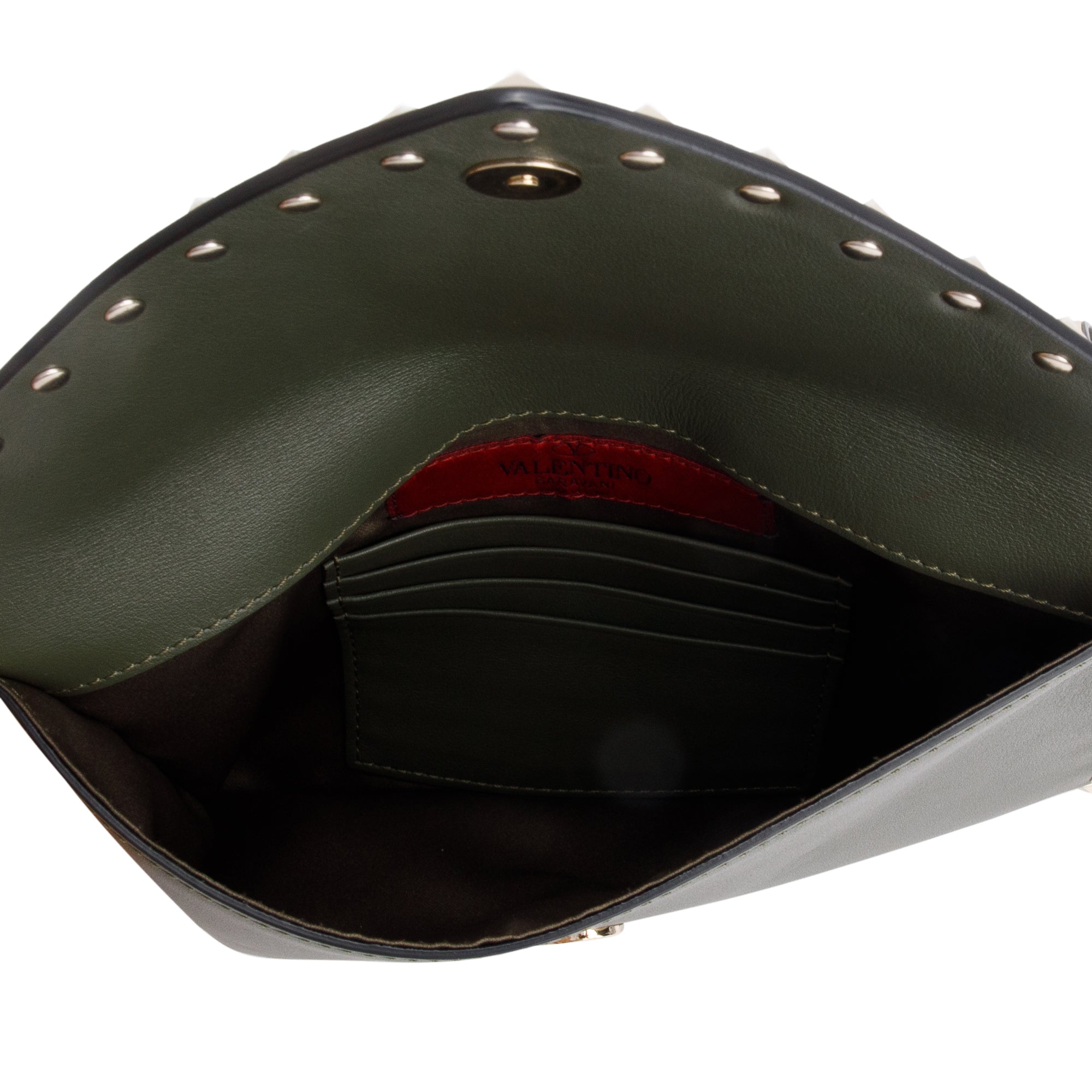 Valentino Green Smooth Calfskin Leather Rockstud Wristlet Clutch w/ Wrist Strap