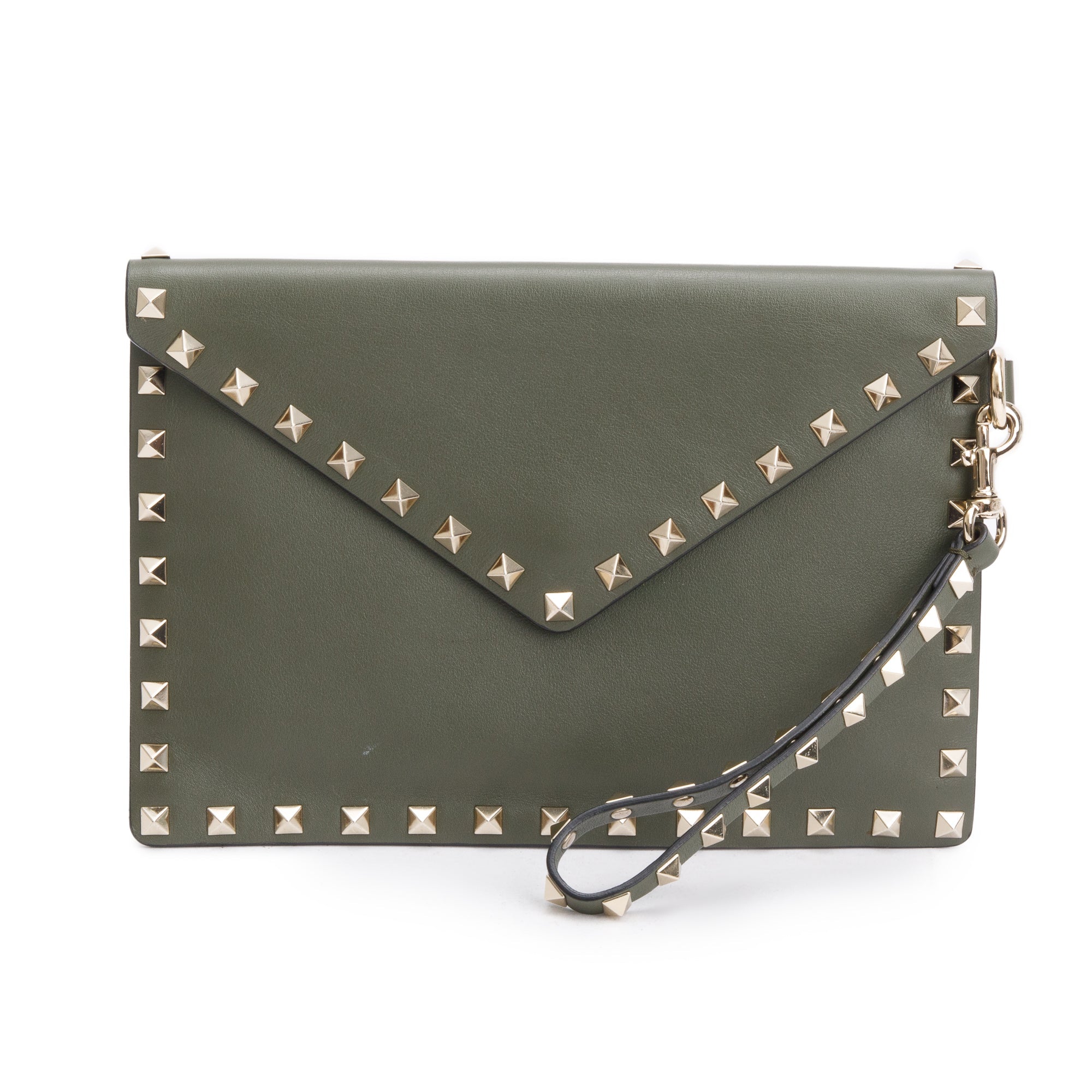 Valentino Green Smooth Calfskin Leather Rockstud Wristlet Clutch w/ Wrist Strap