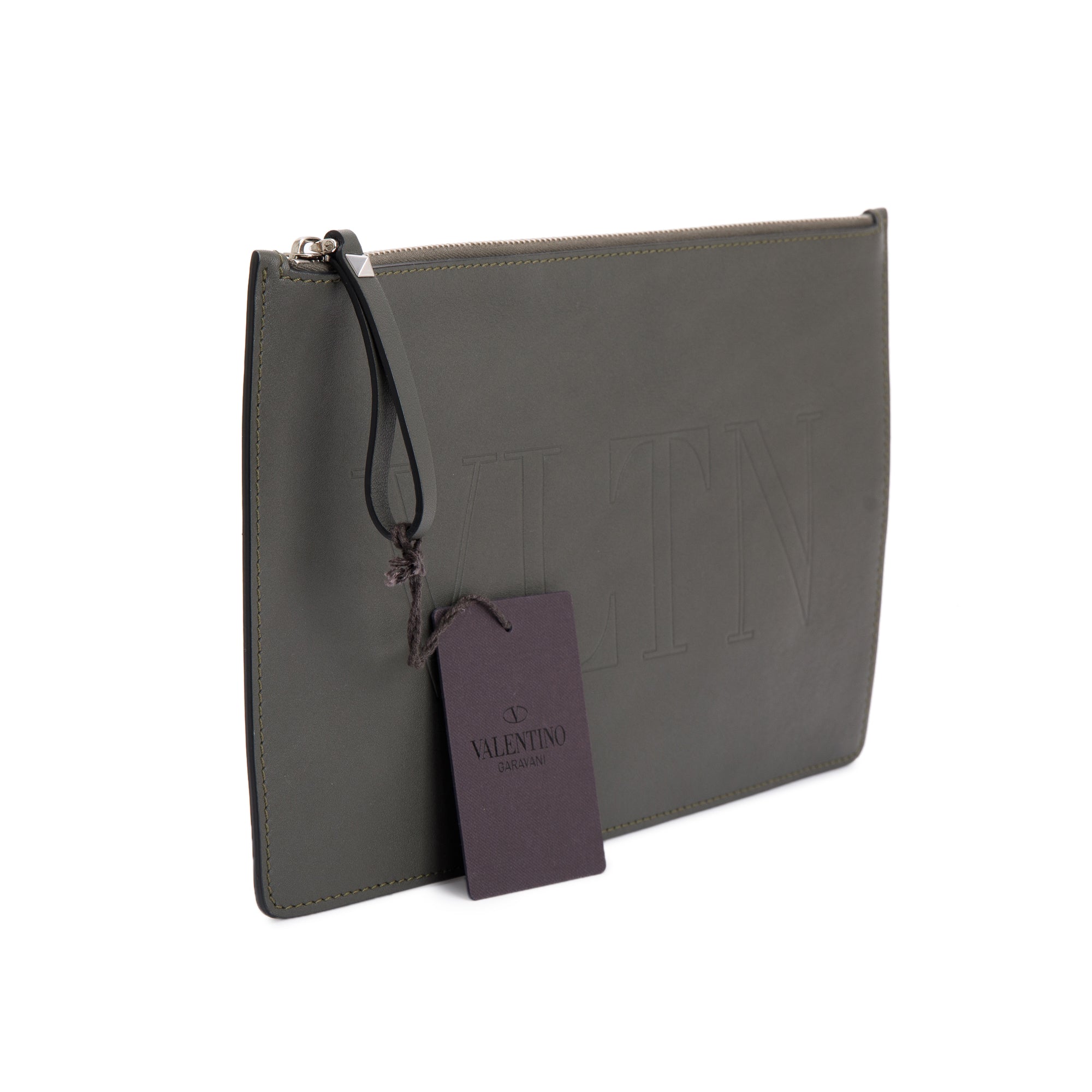 Valentino Grey Calfskin Leather VLTN Flat Pouch