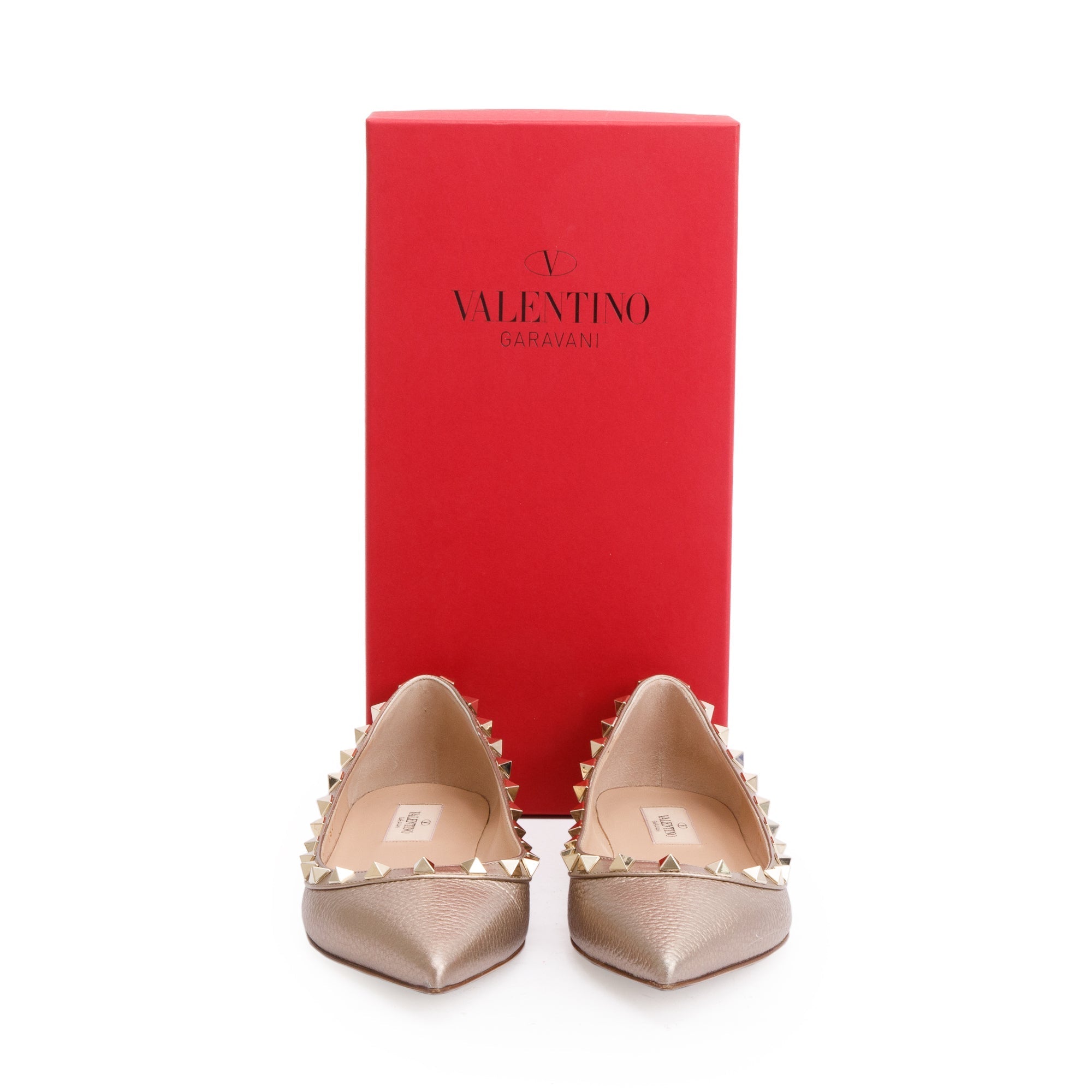 Valentino Metallic Gold Grained Leather Rockstud Ballet Flat Shoes, Size 38 w/ Box
