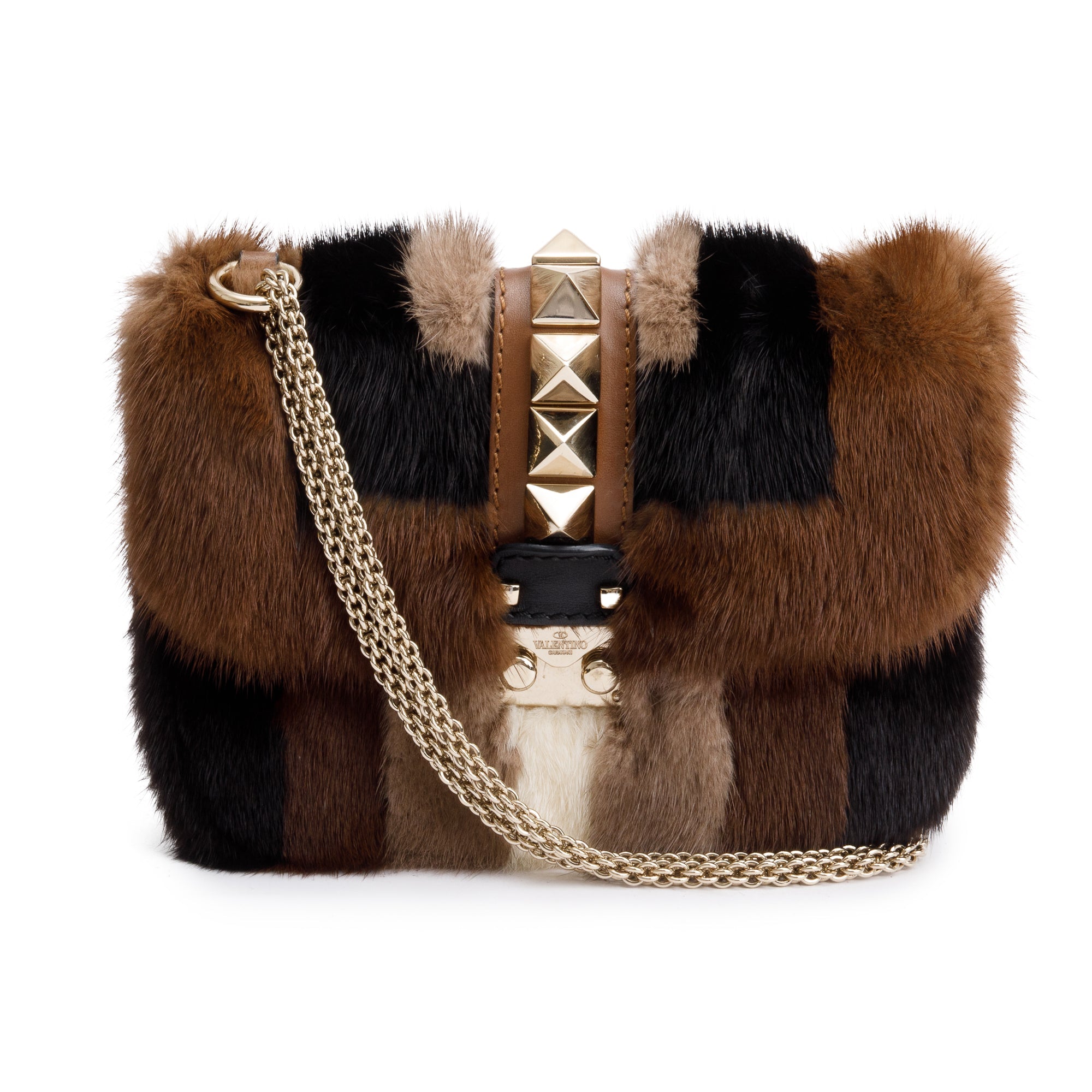 Valentino Multicolor Mink Fur Calfskin Leather Small Glam Lock Rockstud Flap Bag