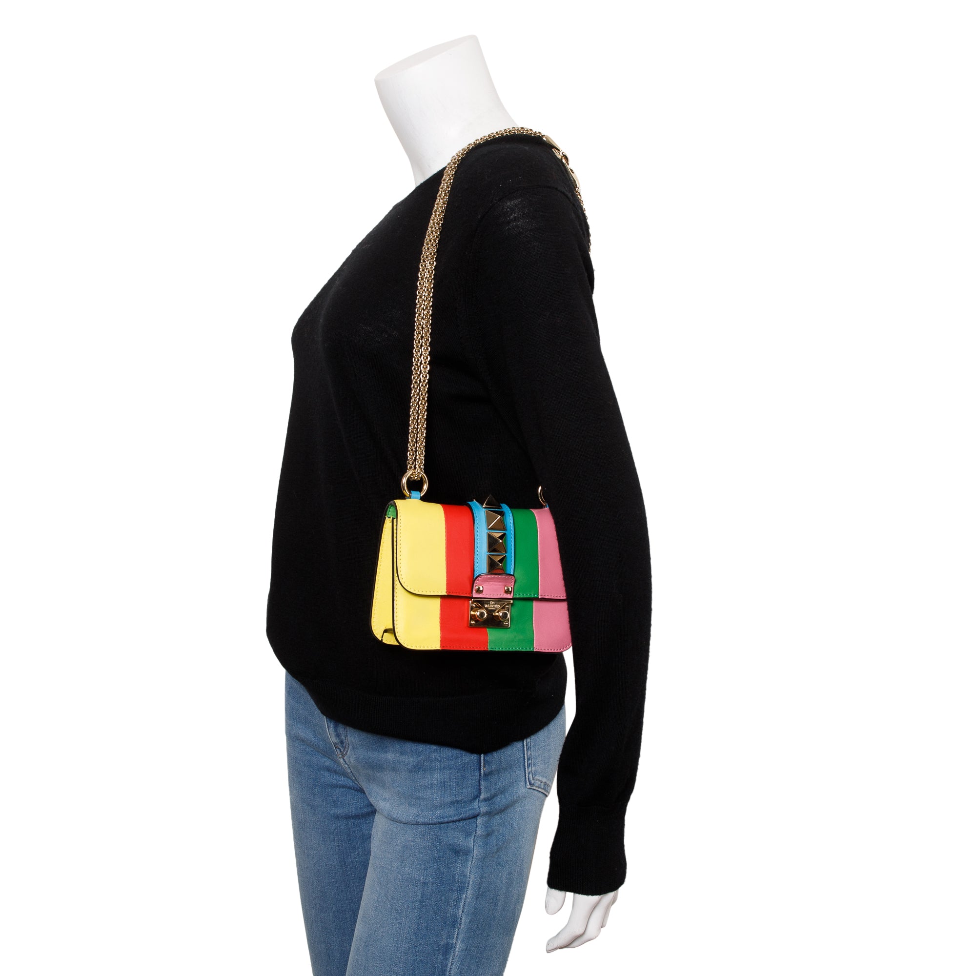 Valentino Multicolor Striped Calfskin Leather Mini 1973 Glam Lock Chain Bag