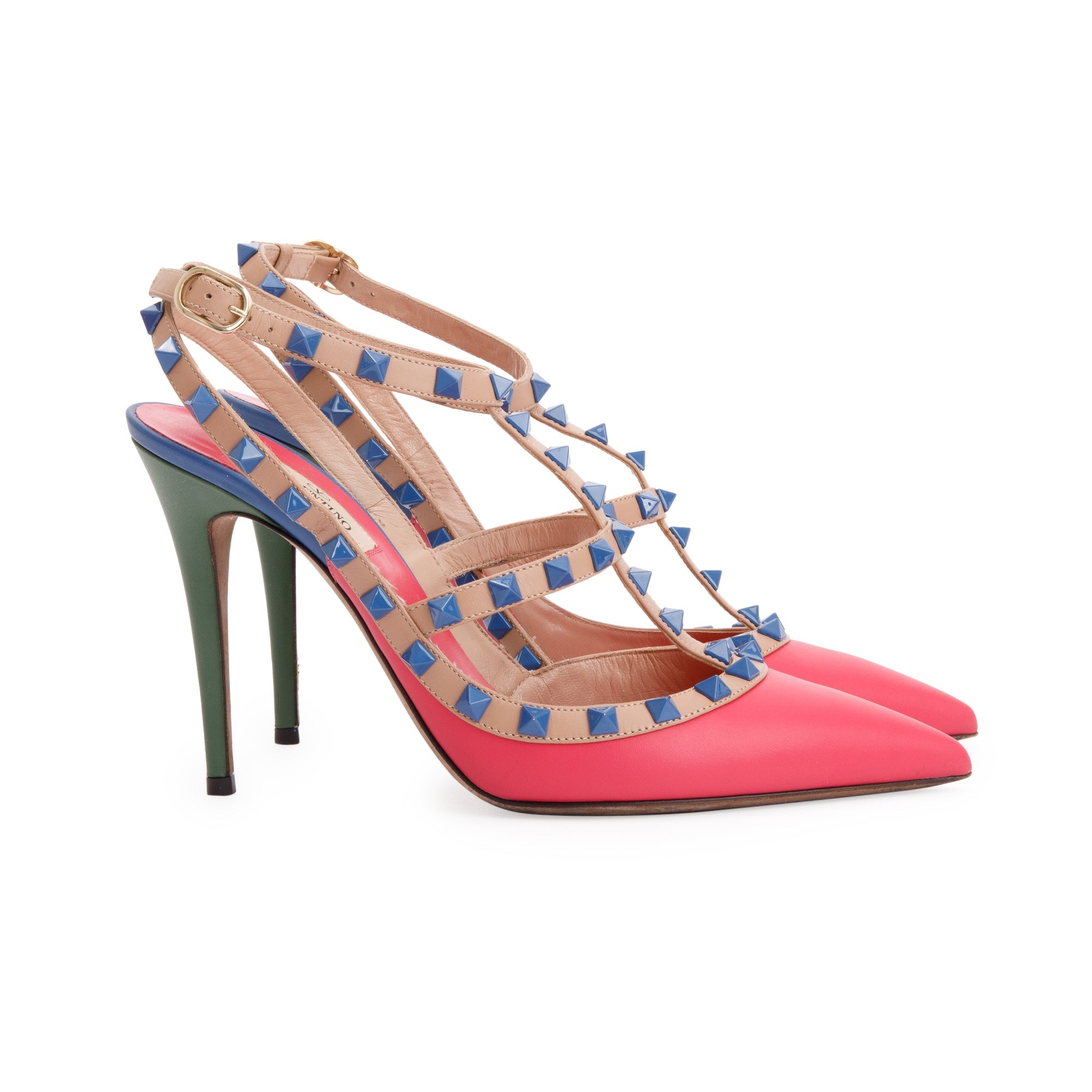Valentino Multicolour Leather Rockstud Ankle Strap Pumps, Size 39 w/ Box