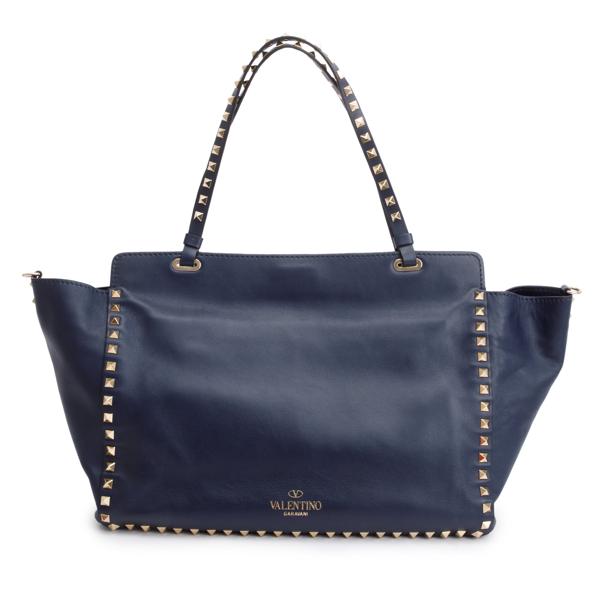 Valentino Navy Calfskin Leather Medium Rockstud Tote Bag w/ Strap