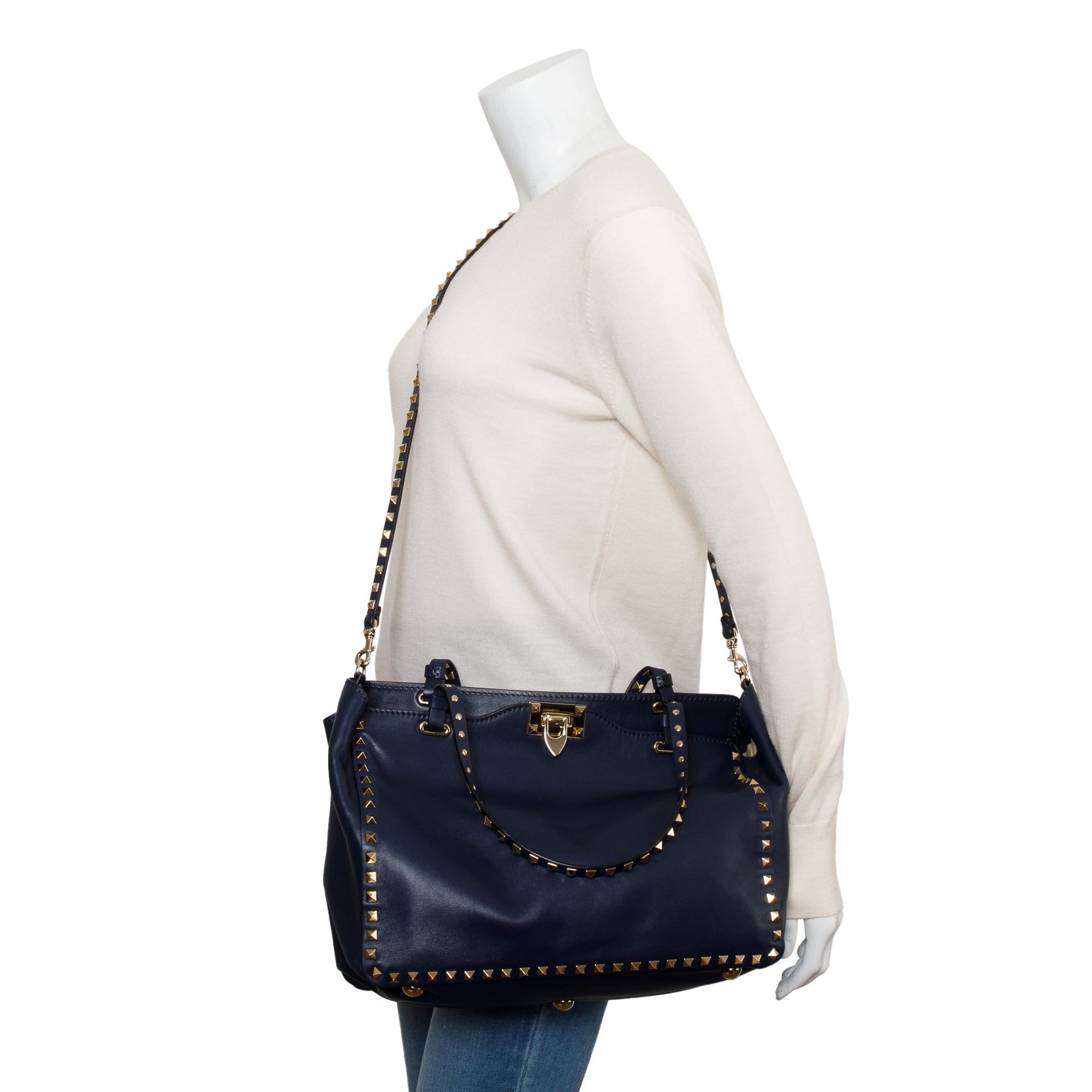 Valentino Navy Calfskin Leather Medium Rockstud Tote Bag w/ Strap