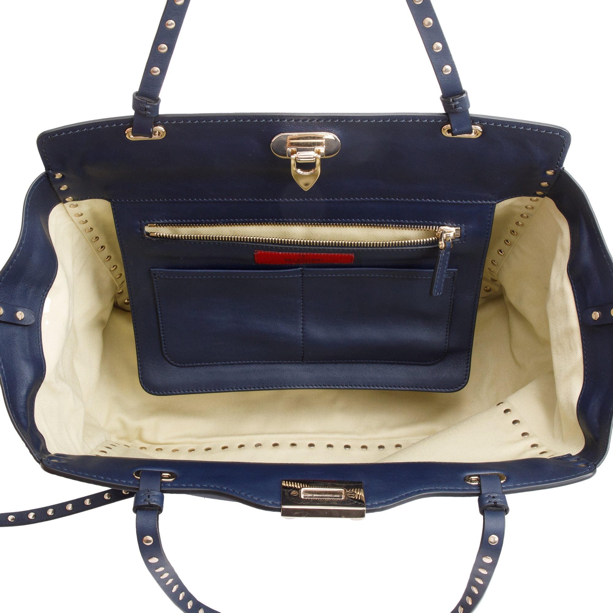 Valentino Navy Calfskin Leather Medium Rockstud Tote Bag w/ Strap