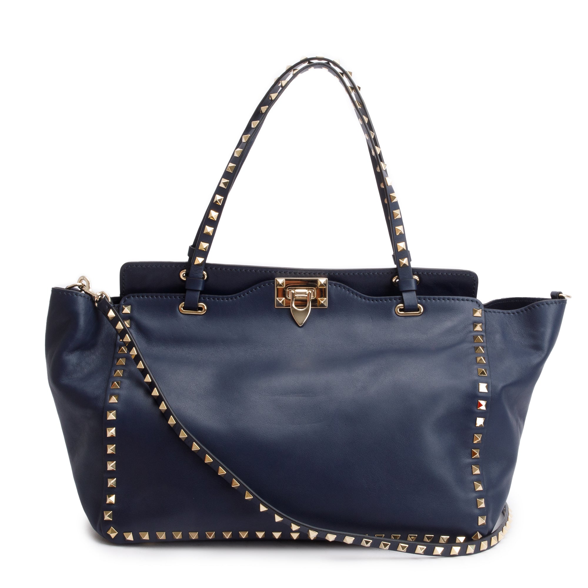 Valentino Navy Calfskin Leather Medium Rockstud Tote Bag w/ Strap
