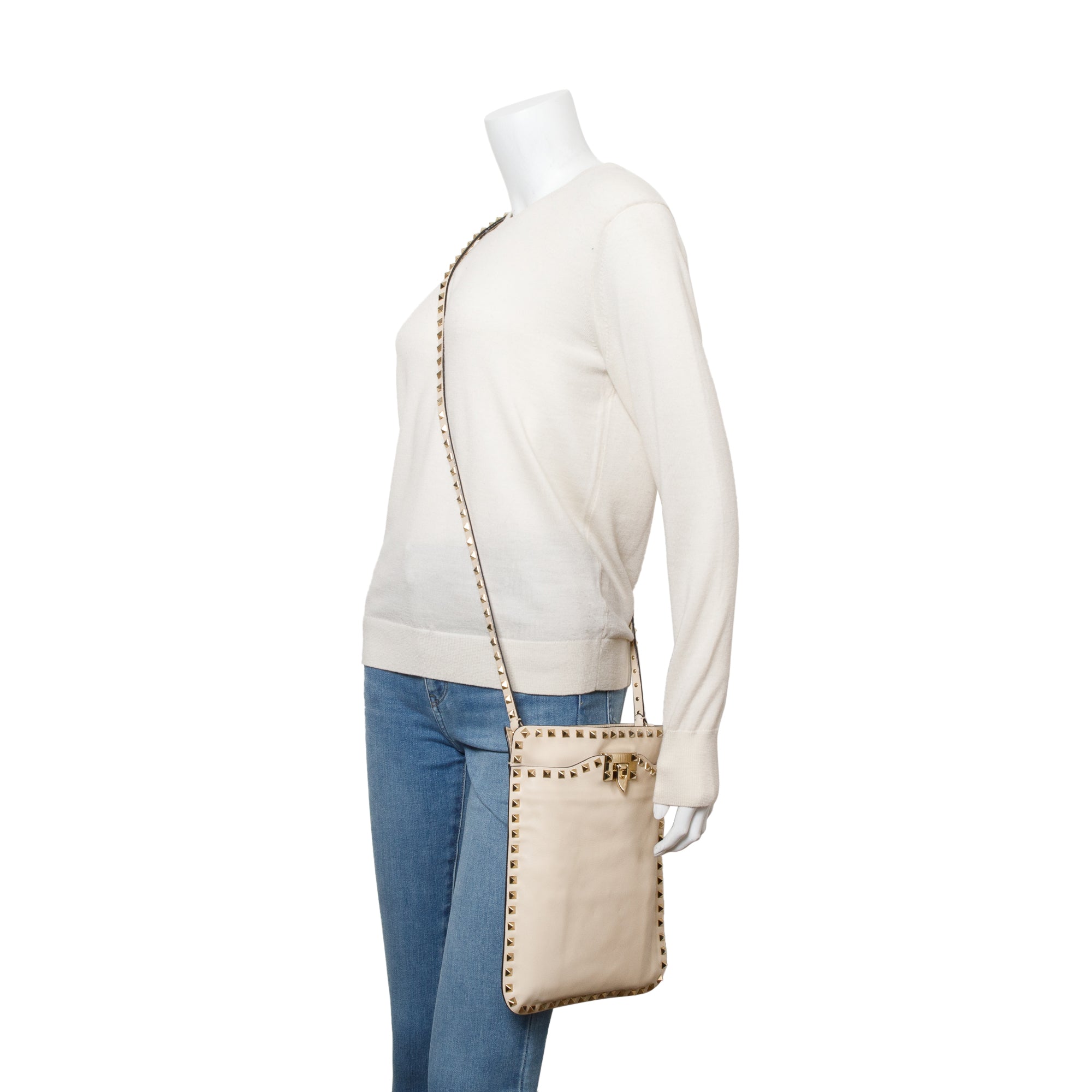 Valentino Neutral Calfskin Leather Rockstud Foldover Crossbody