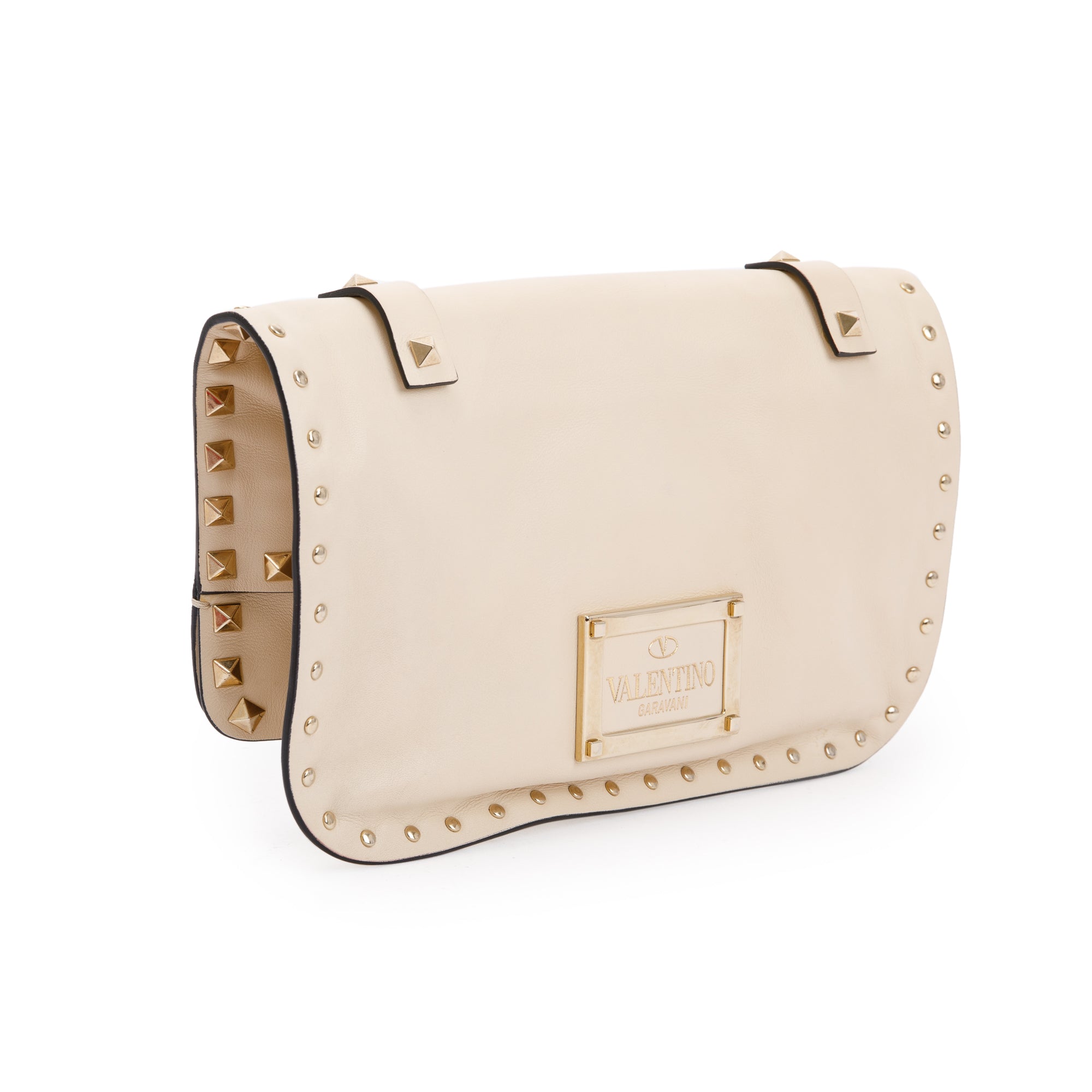 Valentino Neutral Calfskin Leather Rockstud Foldover Crossbody