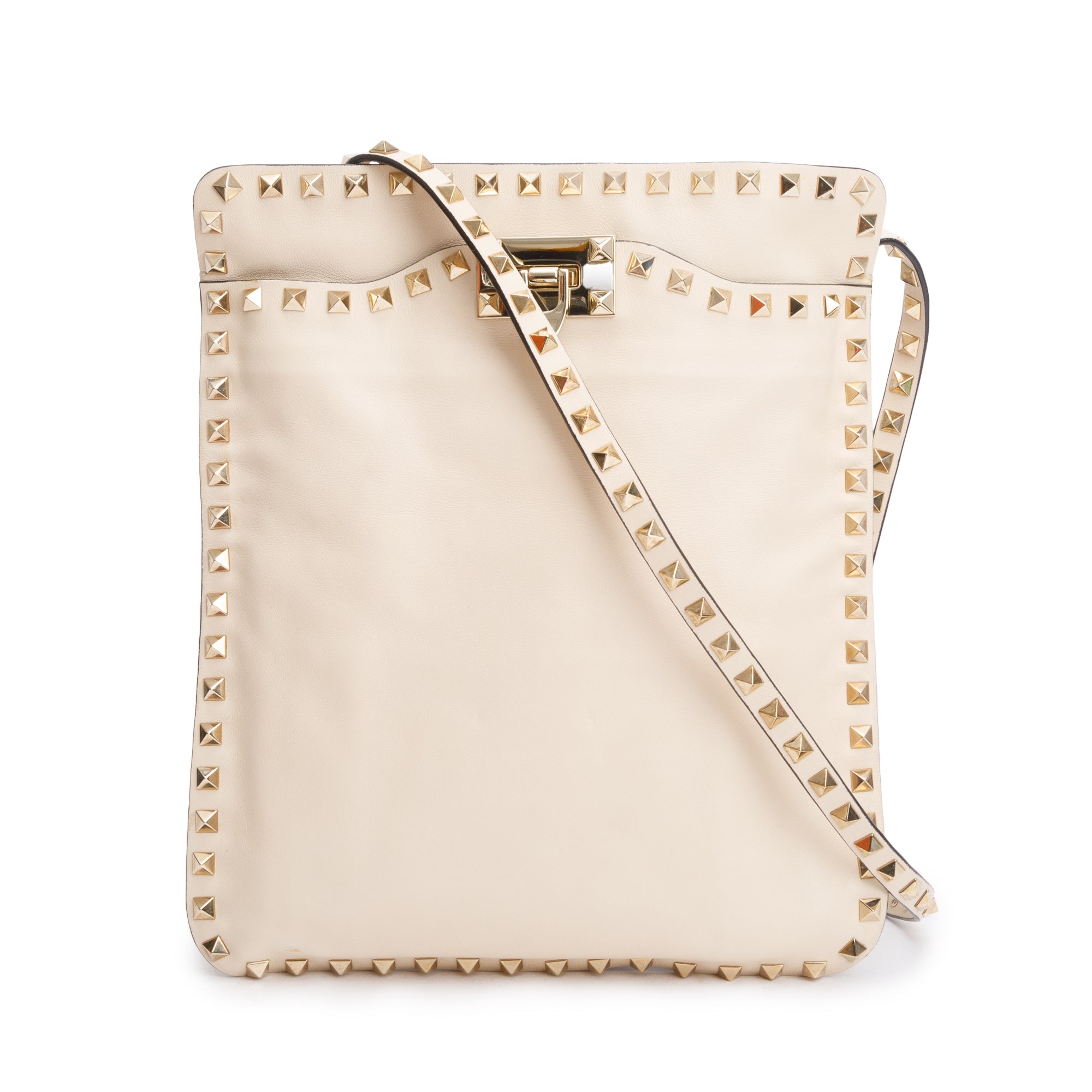 Valentino Neutral Calfskin Leather Rockstud Foldover Crossbody