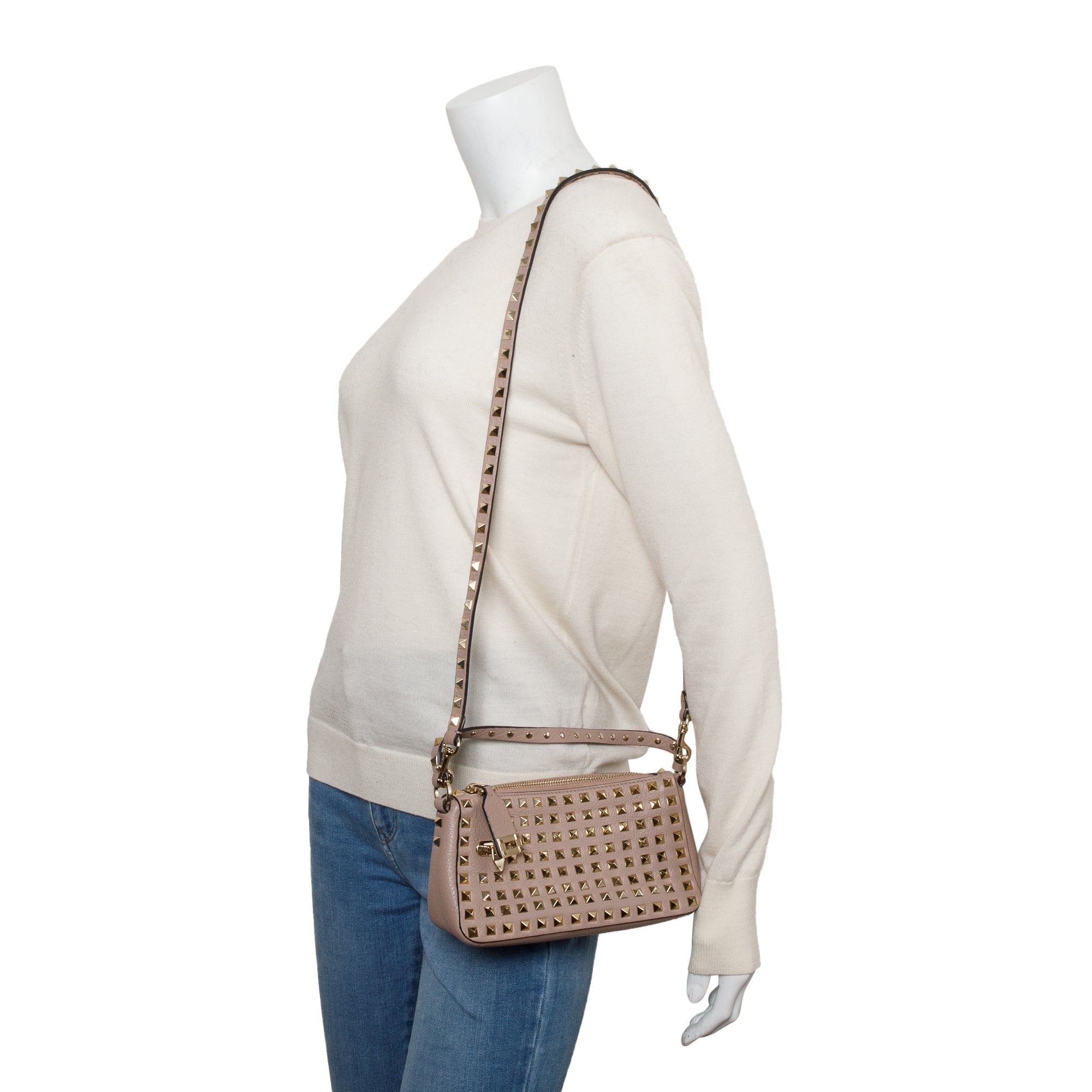 Valentino Neutral Grained Calfskin Leather All Over Rockstud Small Crossbody Bag w/ Strap & Box