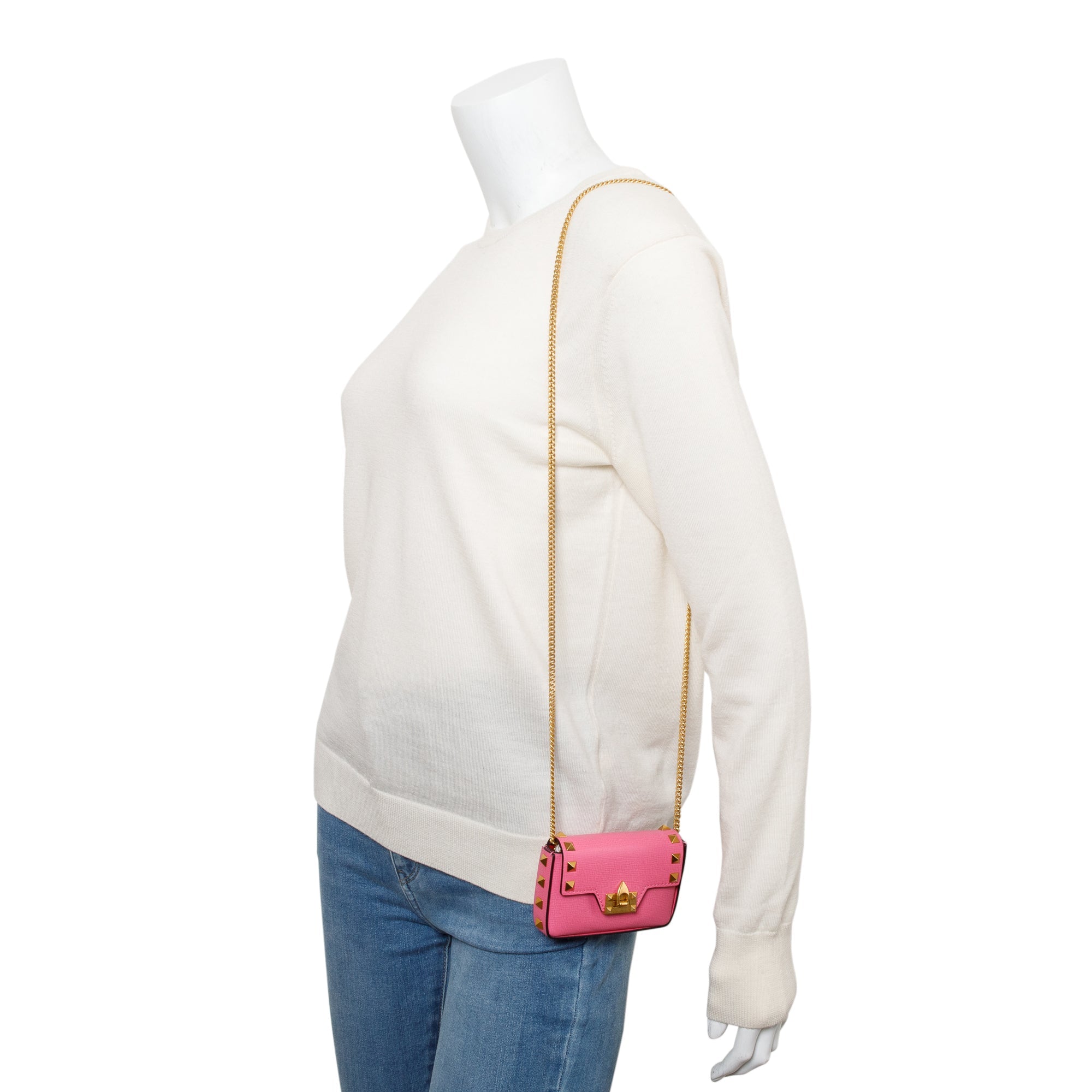 Valentino Pink Calfskin Leather Rockstud Micro Chain Bag w/ Box