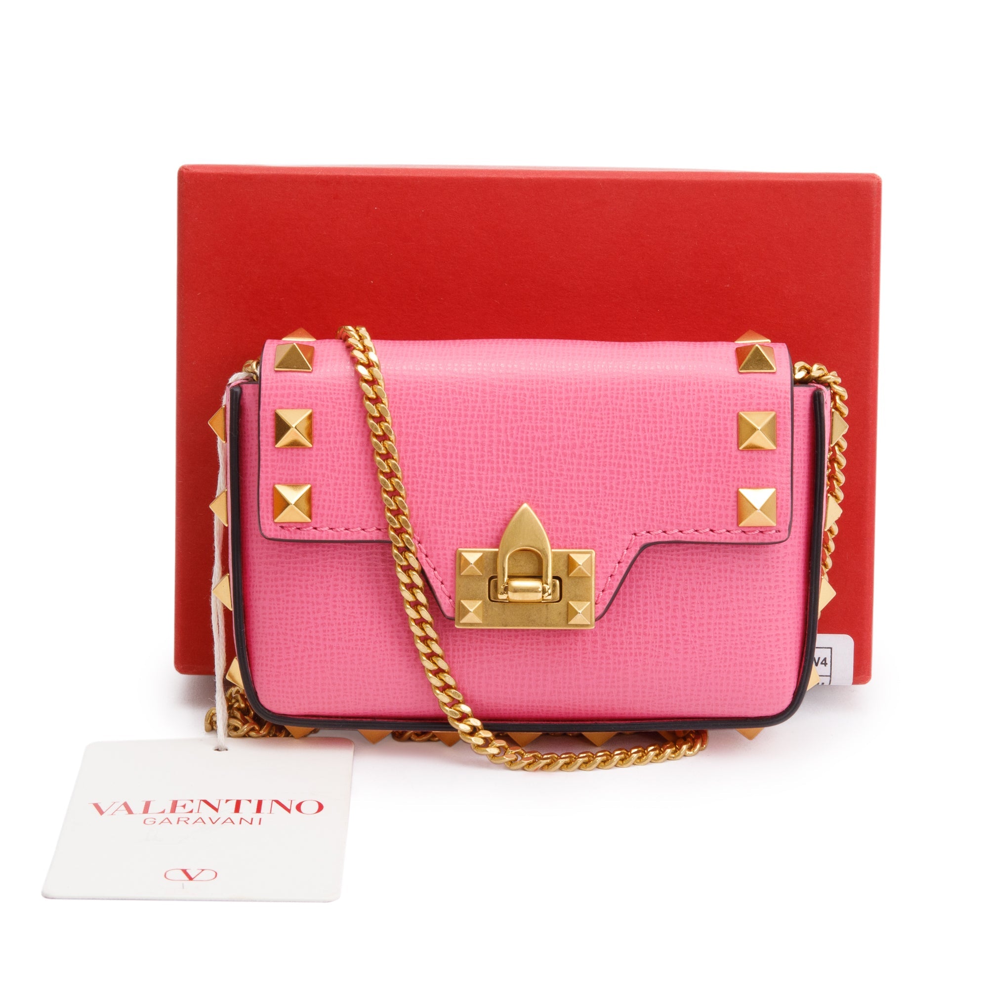 Valentino Pink Calfskin Leather Rockstud Micro Chain Bag w/ Box