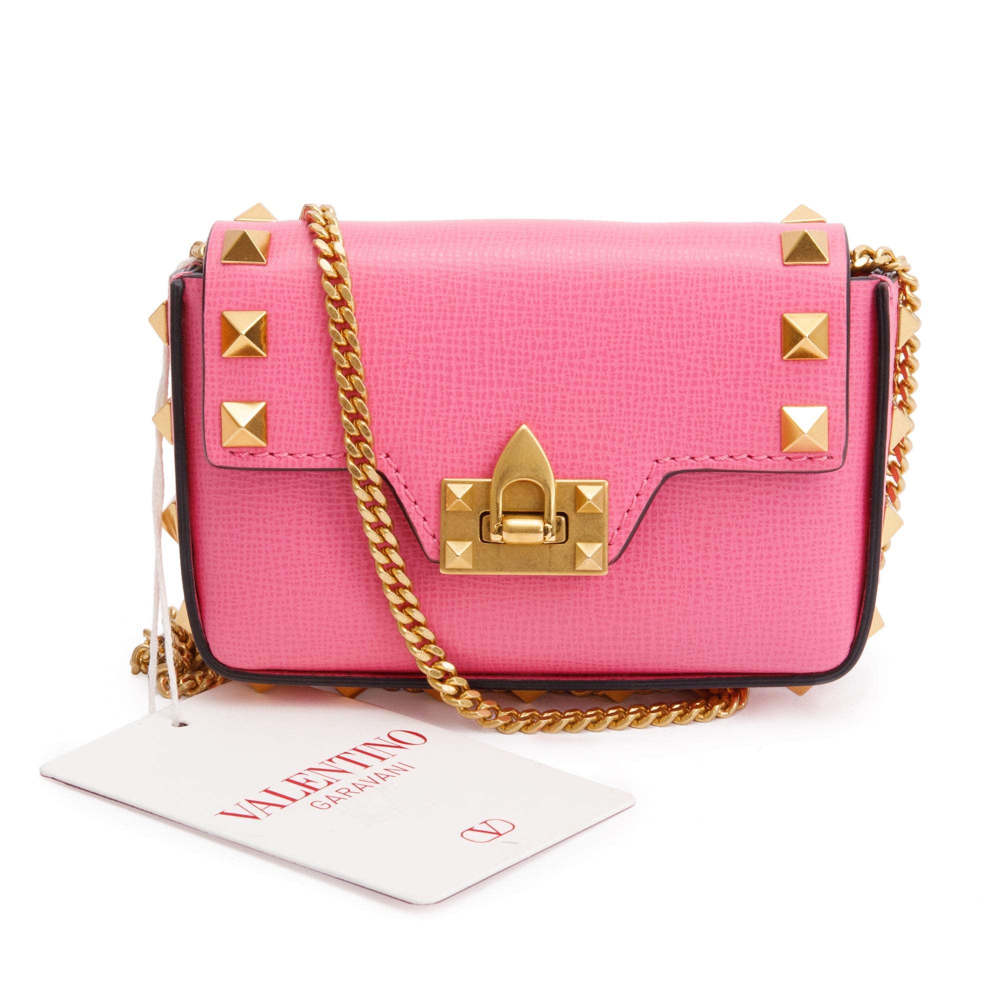 Valentino Pink Calfskin Leather Rockstud Micro Chain Bag w/ Box