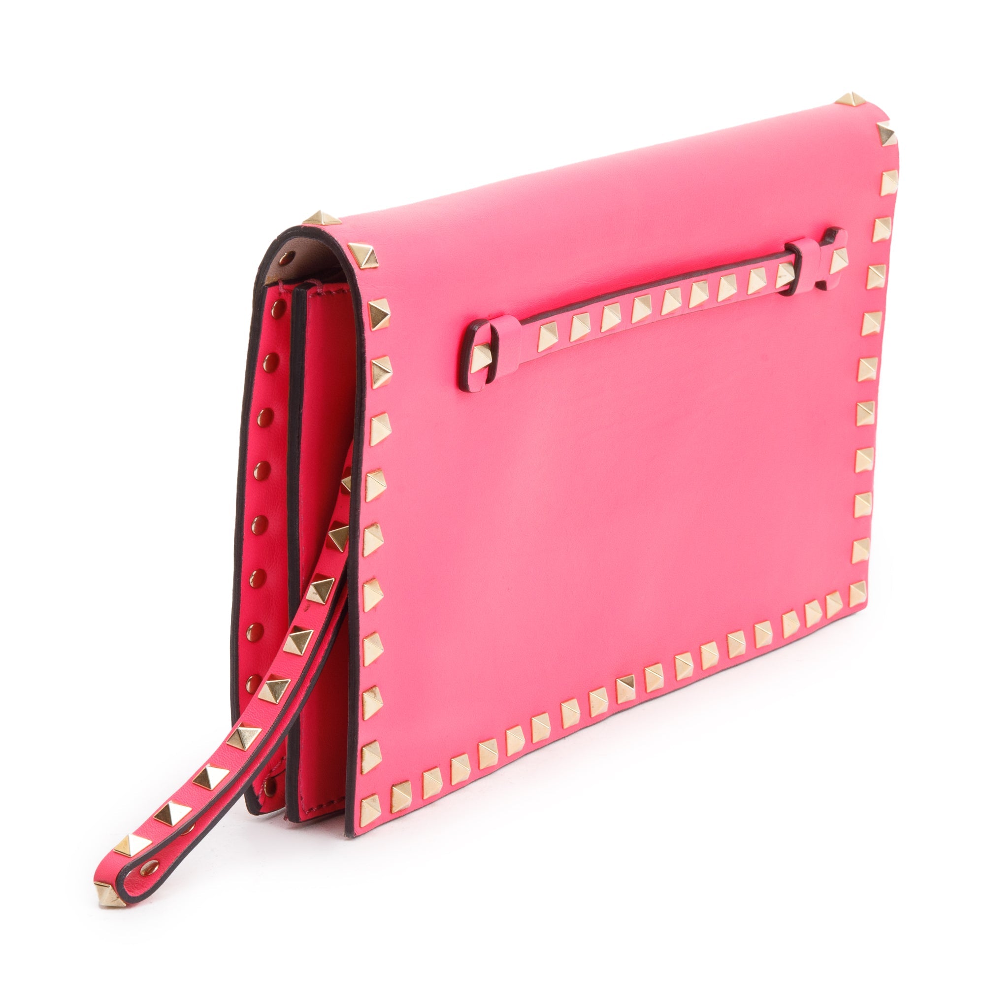 Valentino Pink Smooth Calfskin Leather Rockstud Wristlet Clutch w/ Wrist Strap