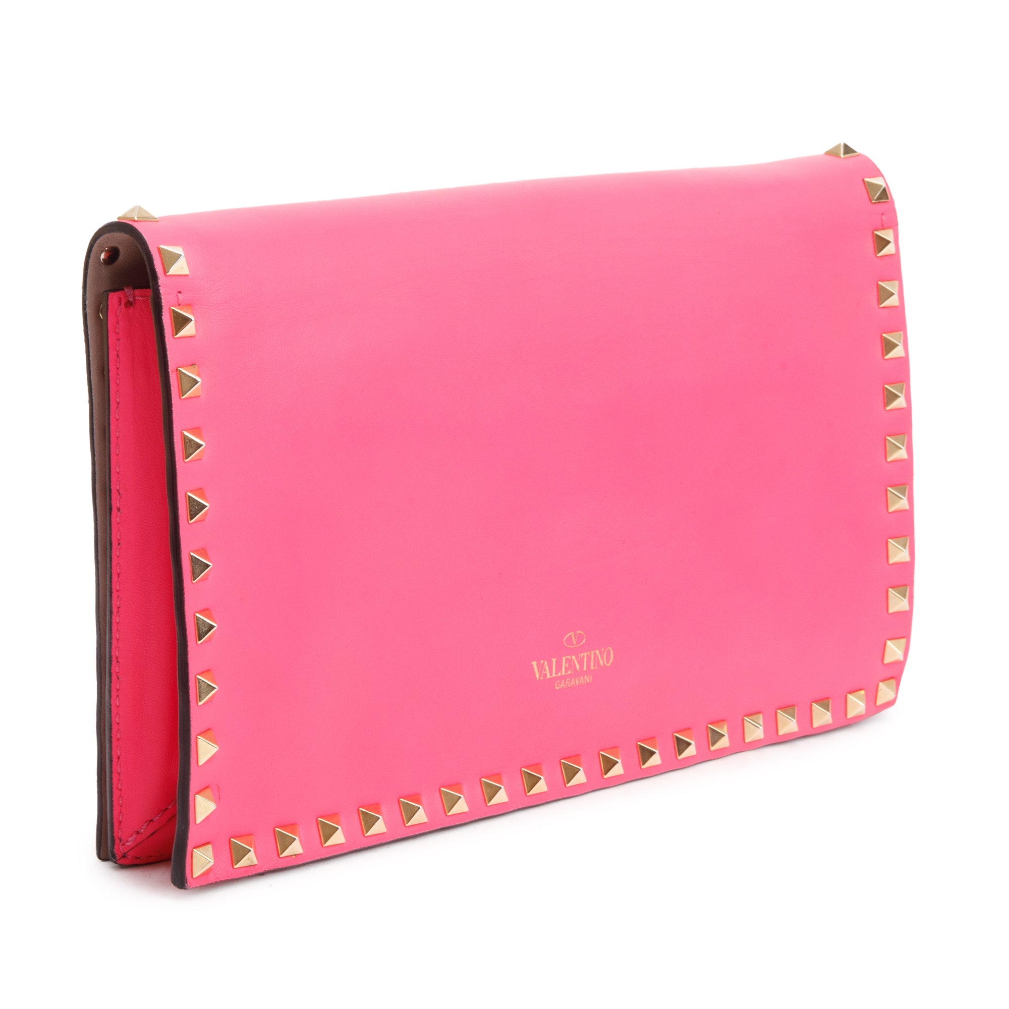 Valentino Pink Smooth Calfskin Leather Rockstud Wristlet Clutch w/ Wrist Strap