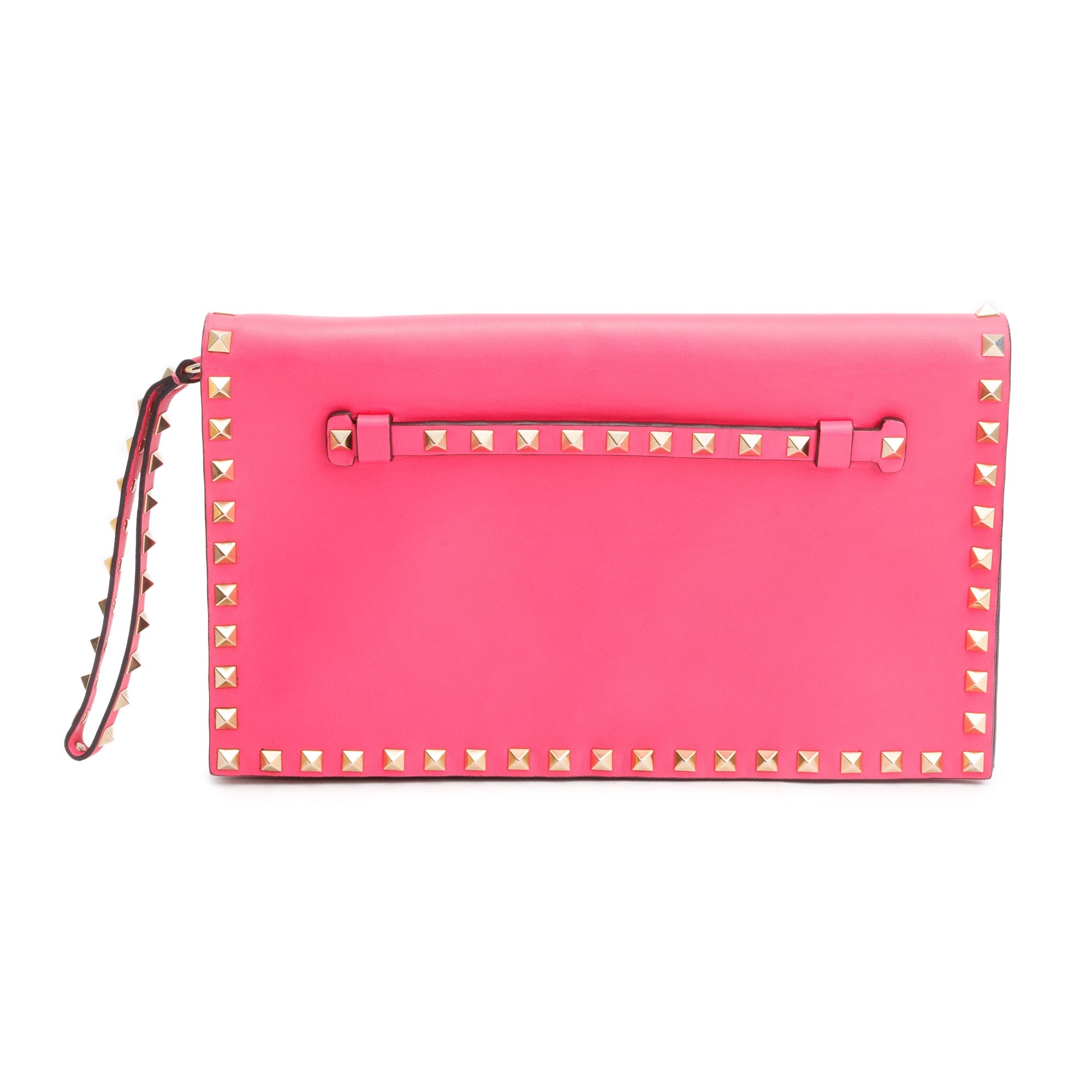 Valentino Pink Smooth Calfskin Leather Rockstud Wristlet Clutch w/ Wrist Strap